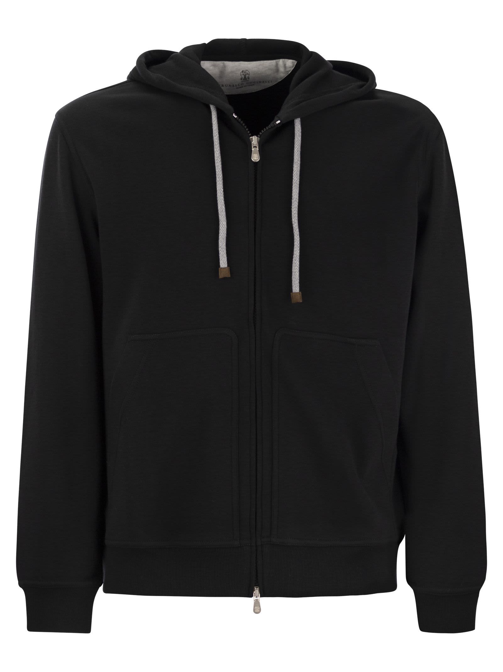 Shop Brunello Cucinelli Techno Cotton Interlock Zip-front Hooded Sweatshirt In Black