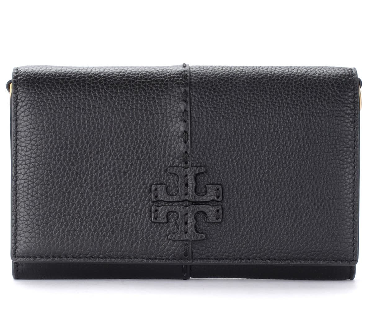 Tory Burch Mcgraw Shoulder Wallet In Black Grained Leather