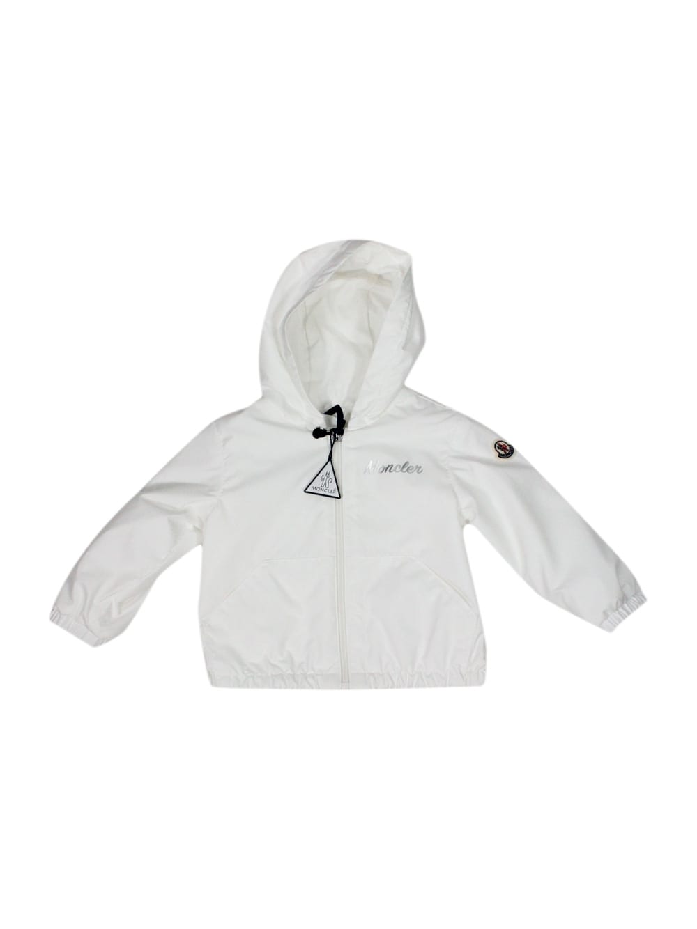 Moncler Evanthe Baby Windproof Jacket With Hood And Zip Closure And Silver Logo Writing On The Chest.
