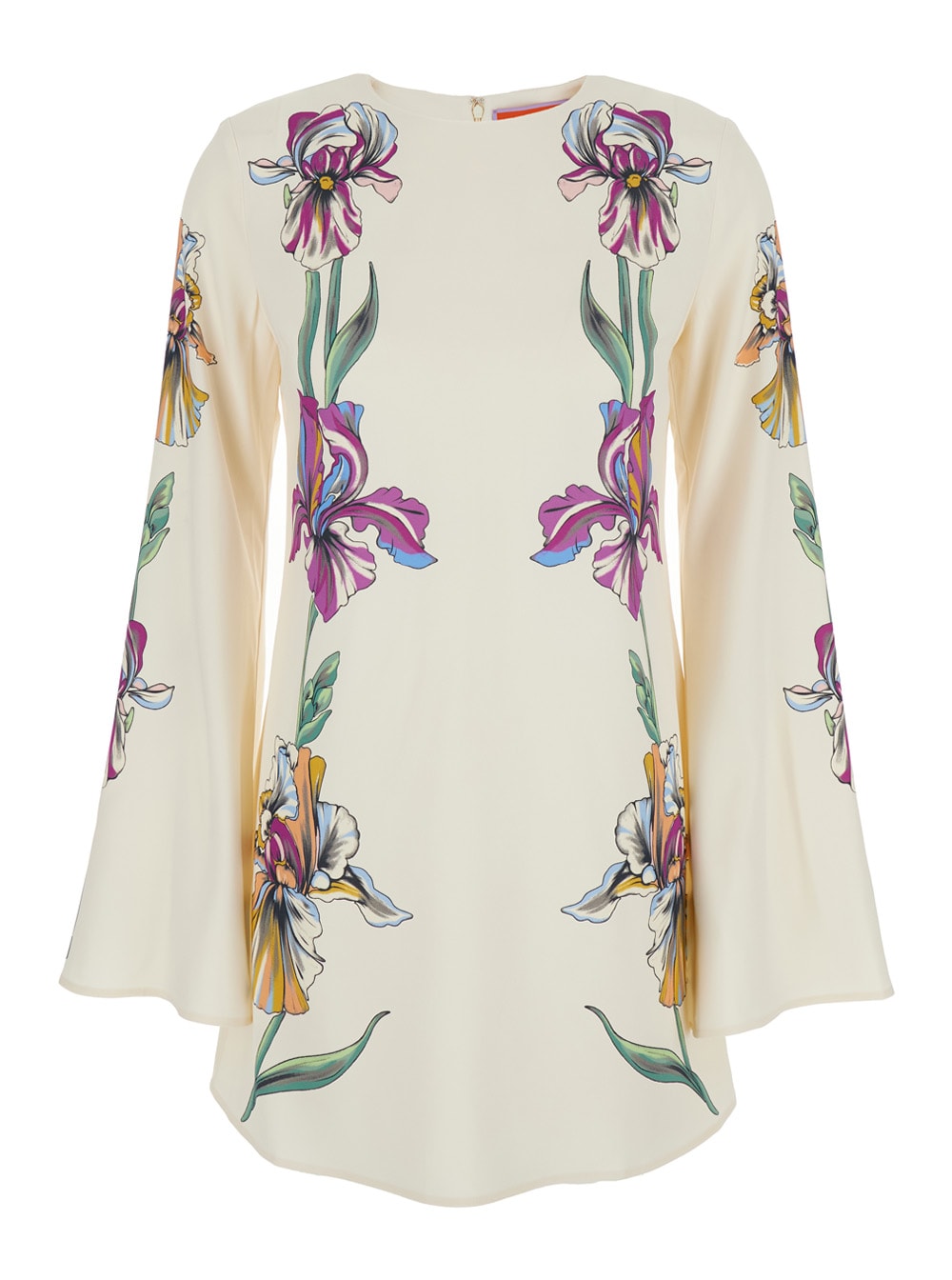 Shop La Doublej Supremes Swing White Mini Dress With Long Flared Sleeves And All-over Floral Print In Viscose Stretc