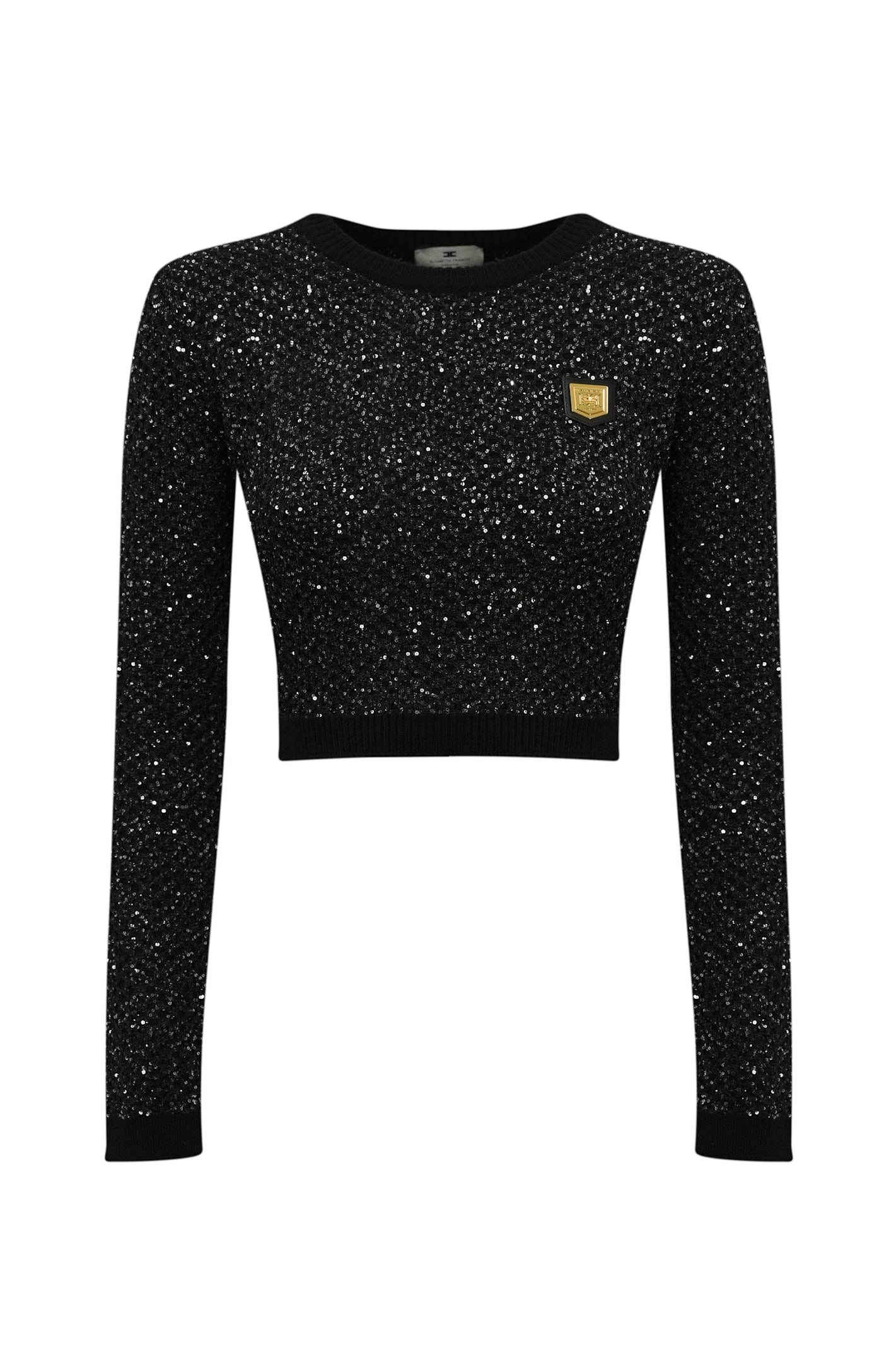 Shop Elisabetta Franchi Wool Crop Top With Sequins In Nero/silver