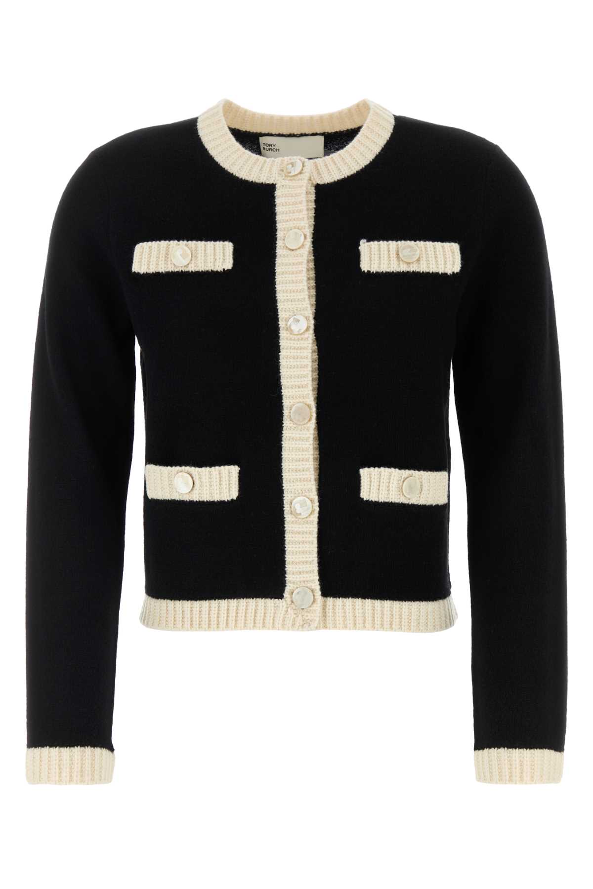 Shop Tory Burch Black Wool Cardigan In Blackfrenchcream