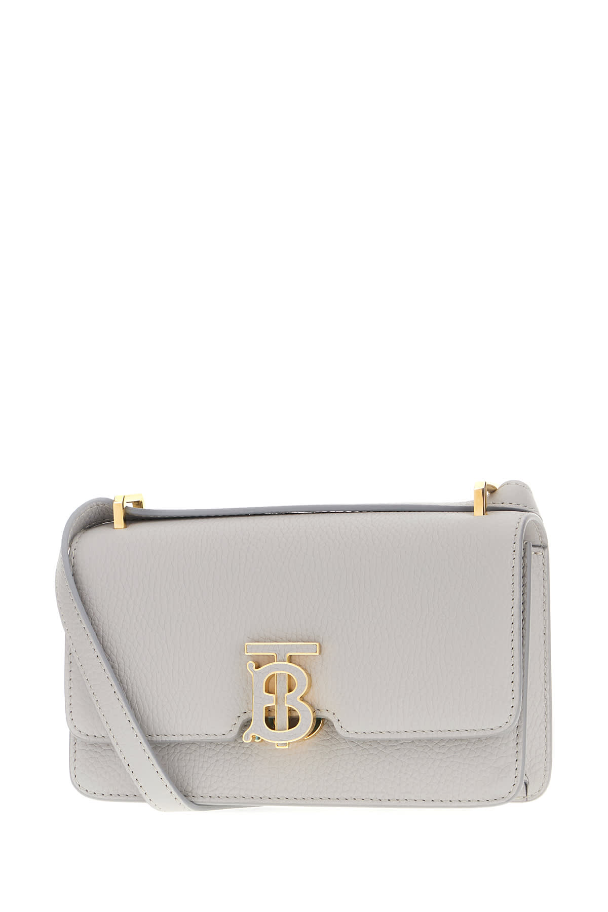 Shop Burberry Light Grey Leather Mini Tb Crossbody Bag In A1373