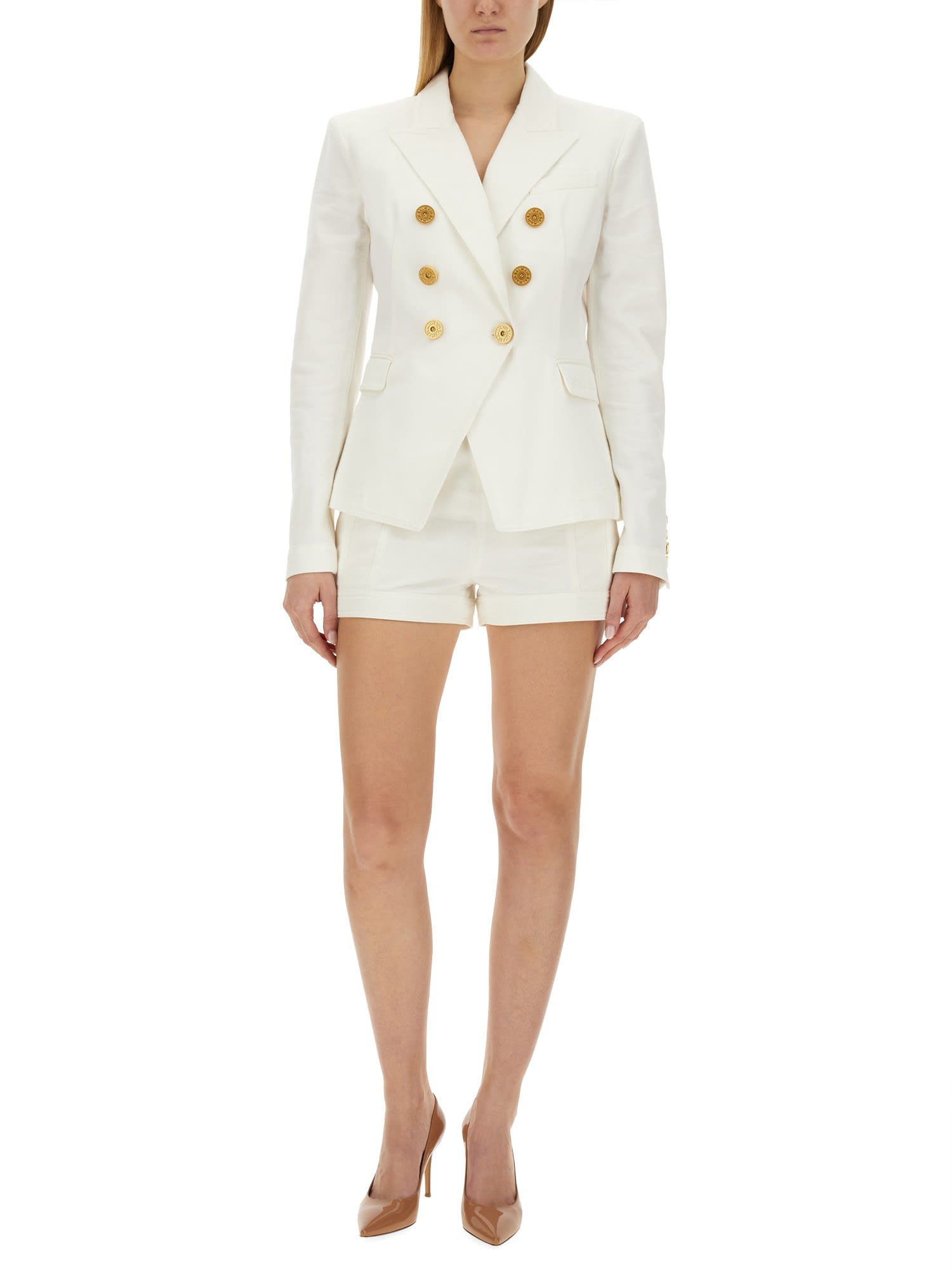 Balmain White Double-breasted Jacket With Peak Lapels And Logo Buttons In Fabric Women In White