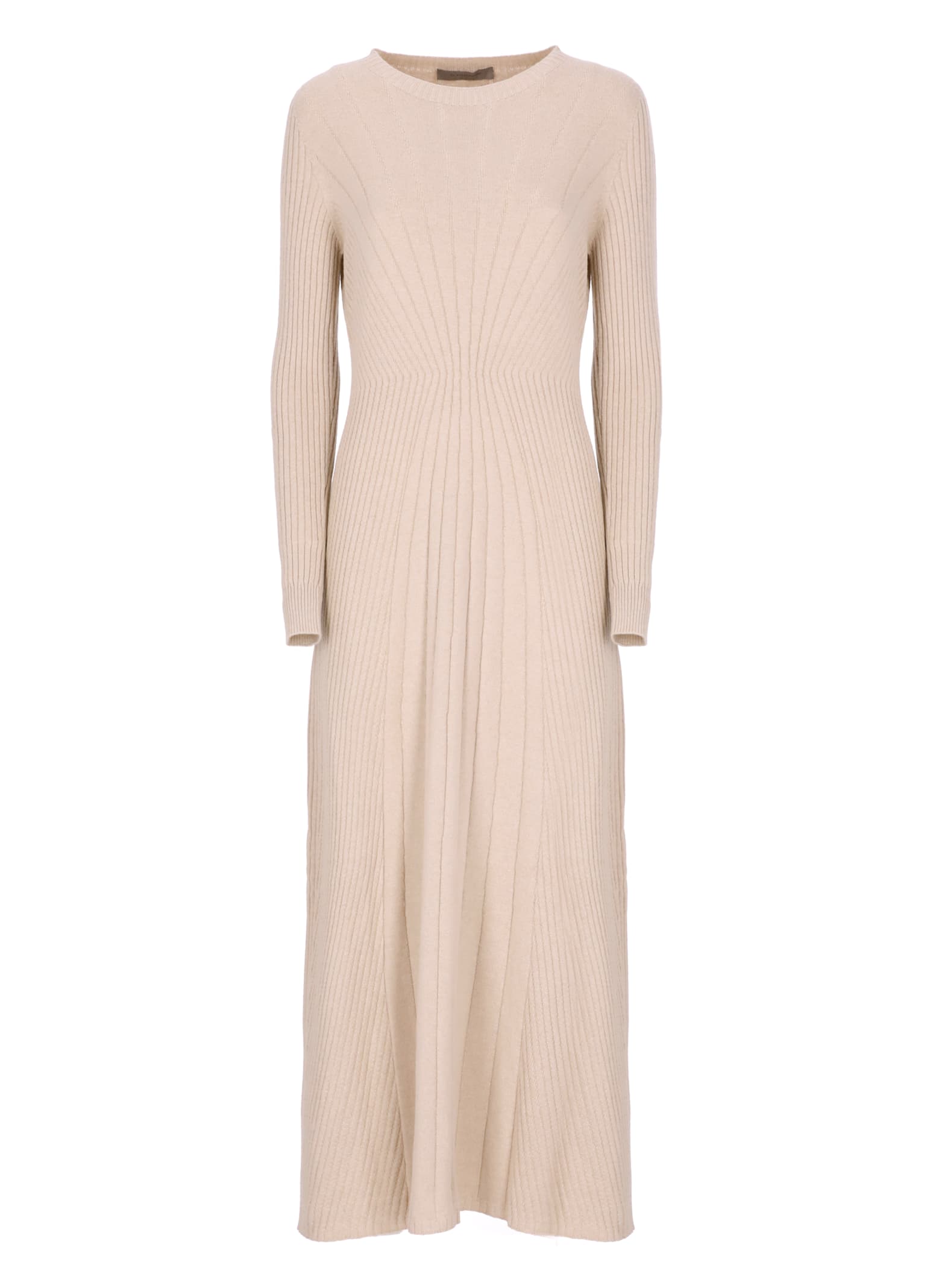 D Exterior Round-neck Long-sleeves Midi Dress In Neutral