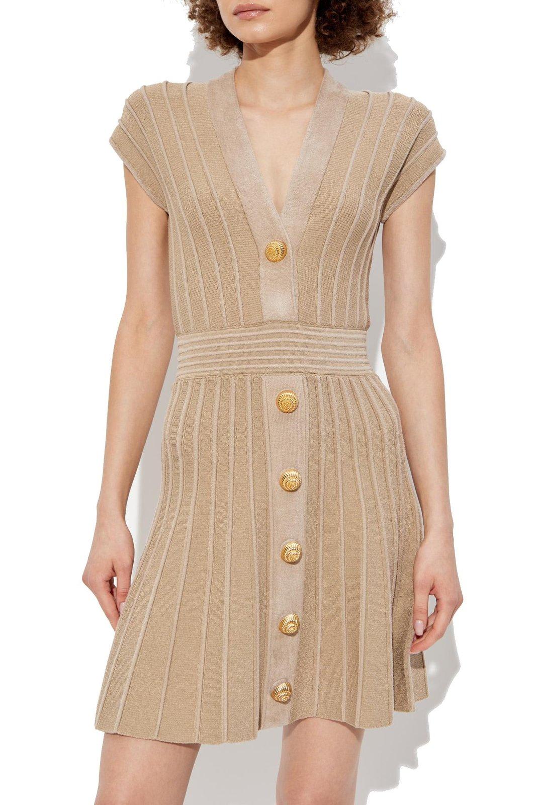 Shop Balmain V-neck Flared Mini Dress In Beige