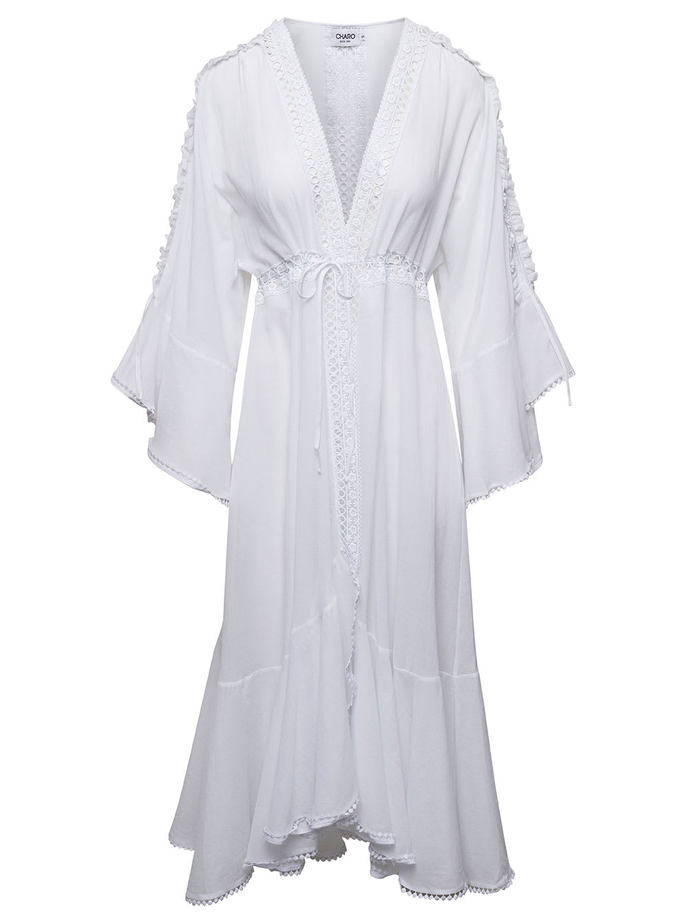 CHARO RUIZ KATHY WHITE KAFTAN DRESS WITH LACE INSERTS AND V NECKLINE IN COTTON WOMAN