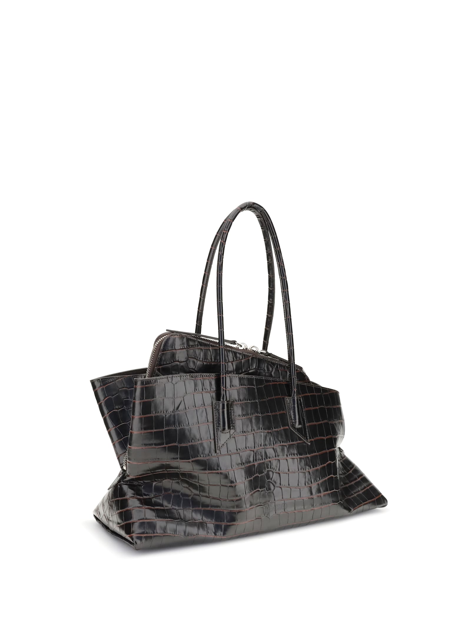 Attico La Passegiata Medium Asymmetric Croc-effect Leather Tote In Black