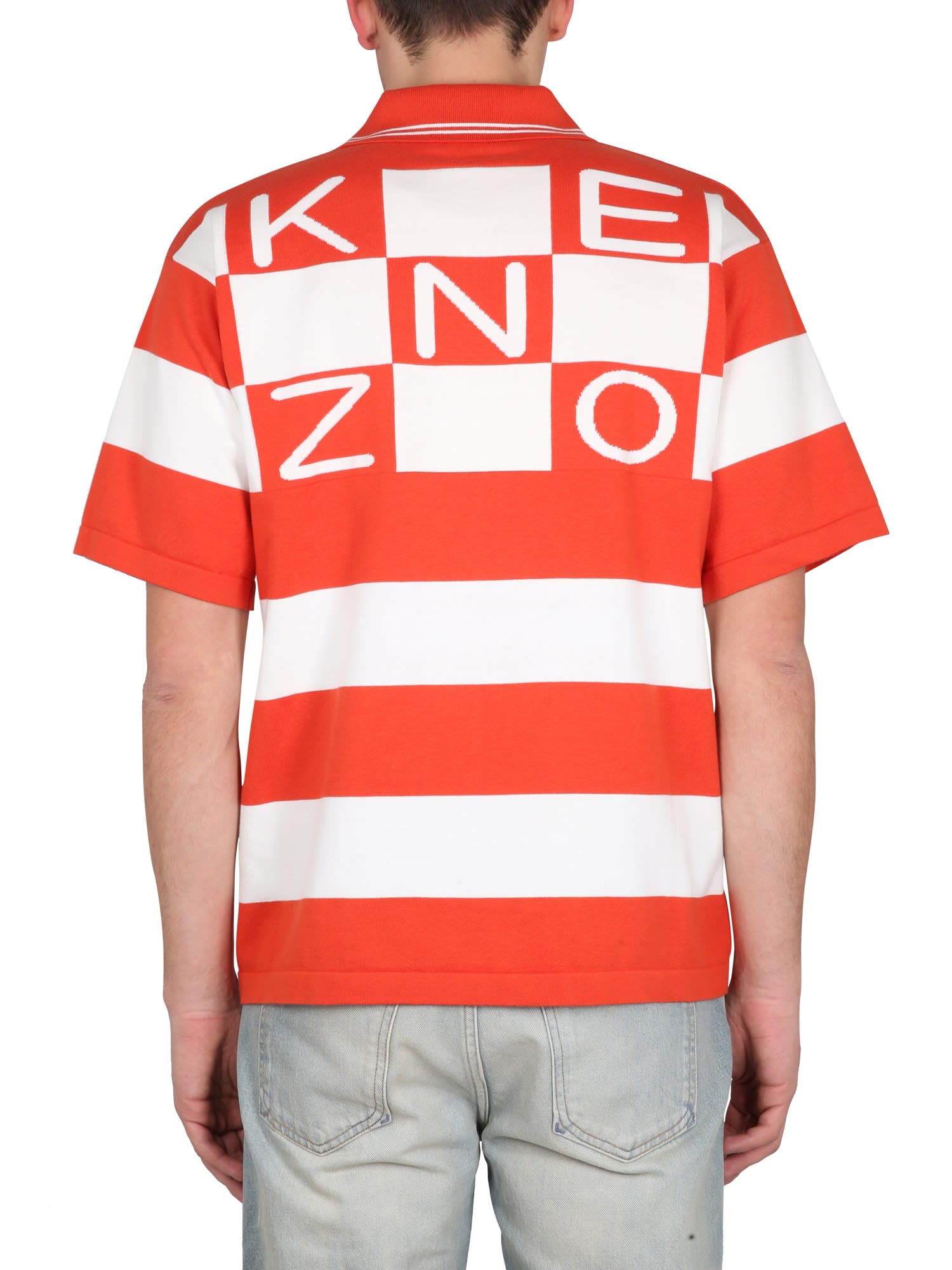 Kenzo White And Red Polo T-shirt With Embroidered Logo In Red