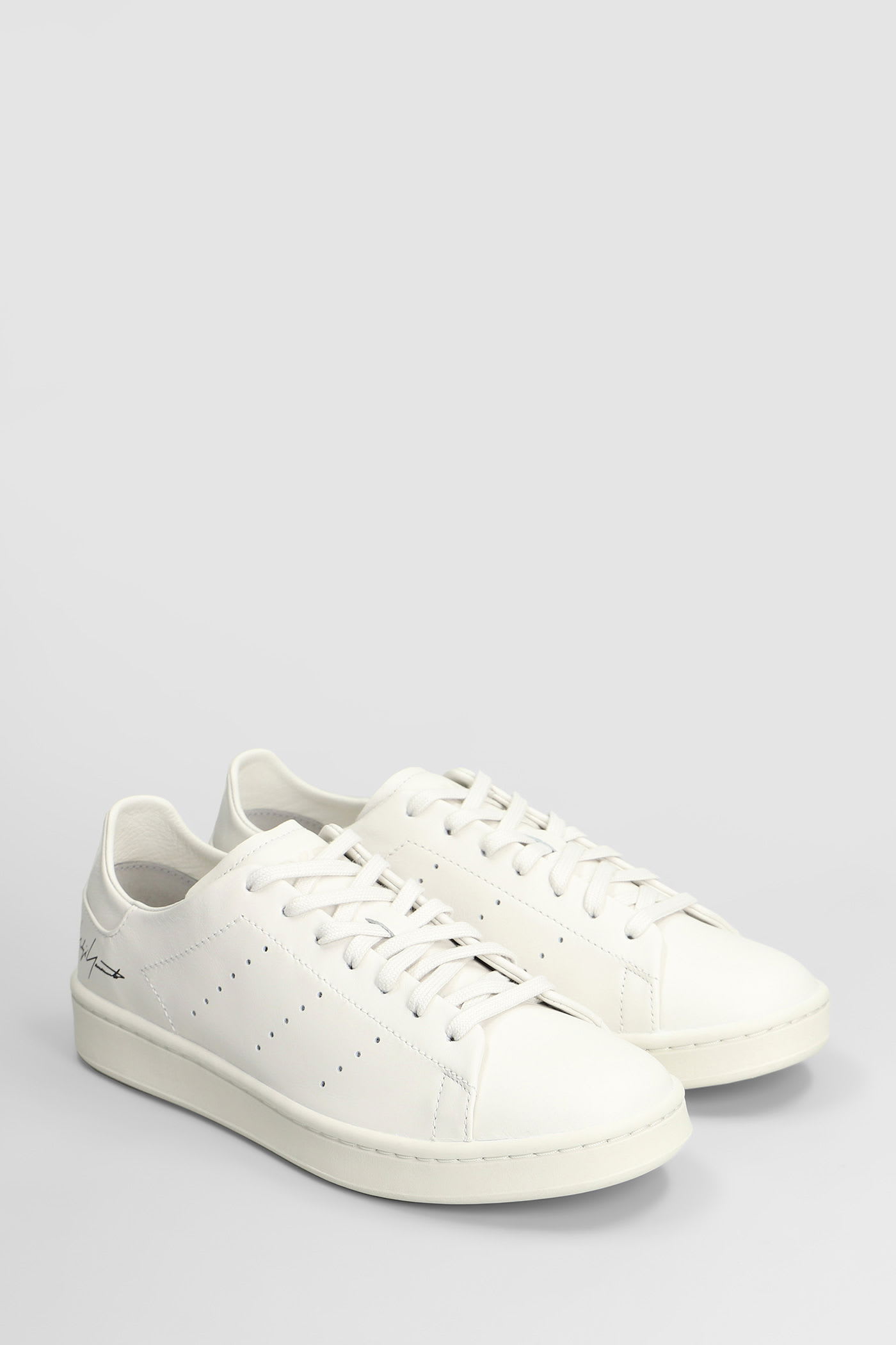 Y-3 White Leather Sneakers With Rounded Toe And Lace-up Closure In White