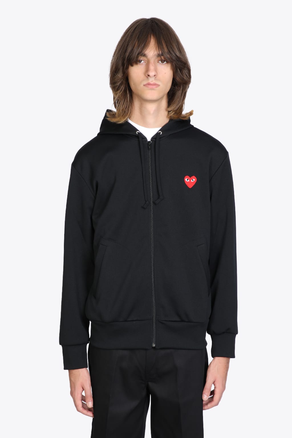 Comme des Garçons Play Mens Sweatshirt Knit Black Zip-up Hoodie With Red Heart Patch.