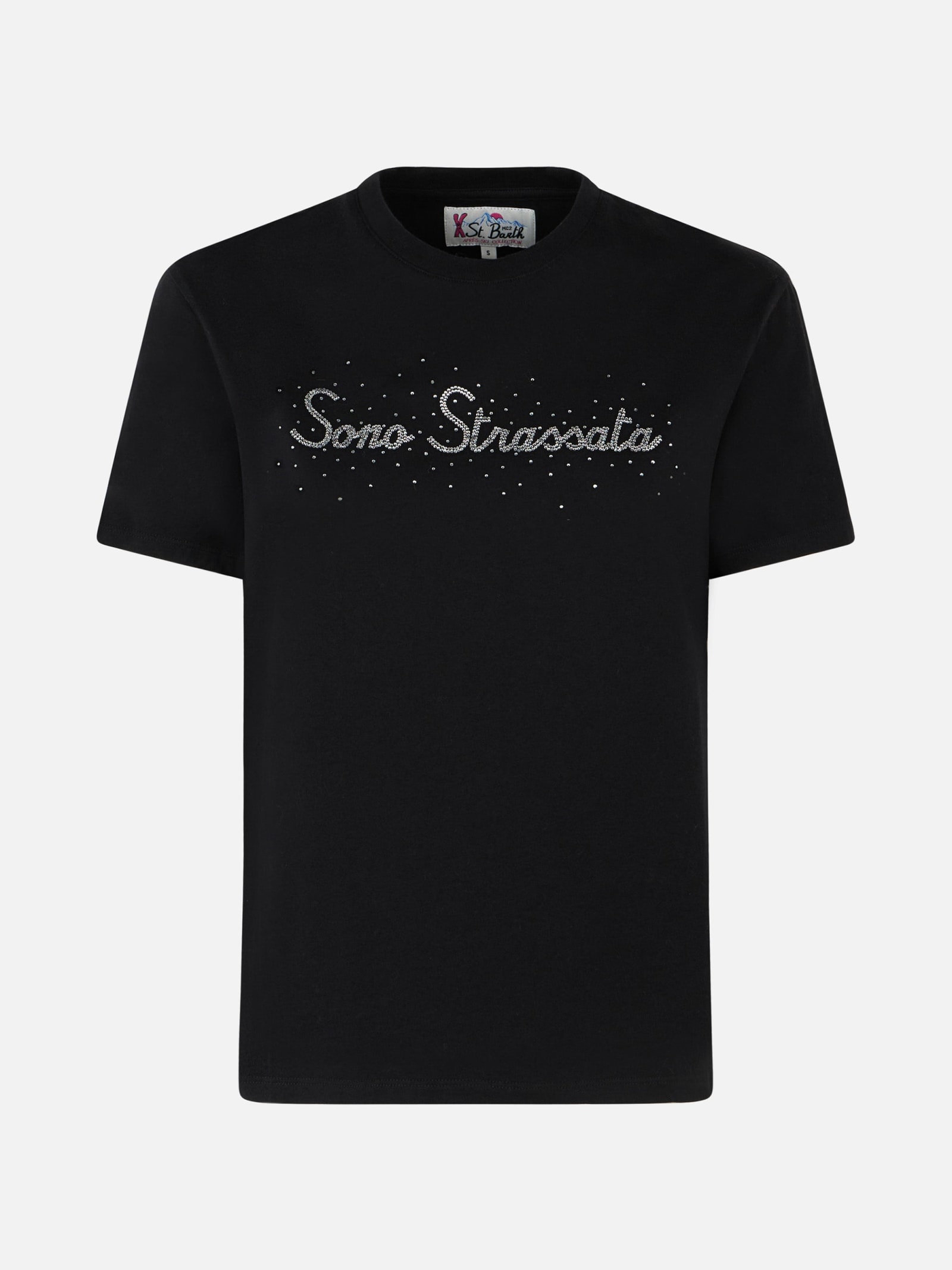 Mc2 Saint Barth Woman Heavy Cotton T-shirt With Sono Strassata Rhinestones Print In Black