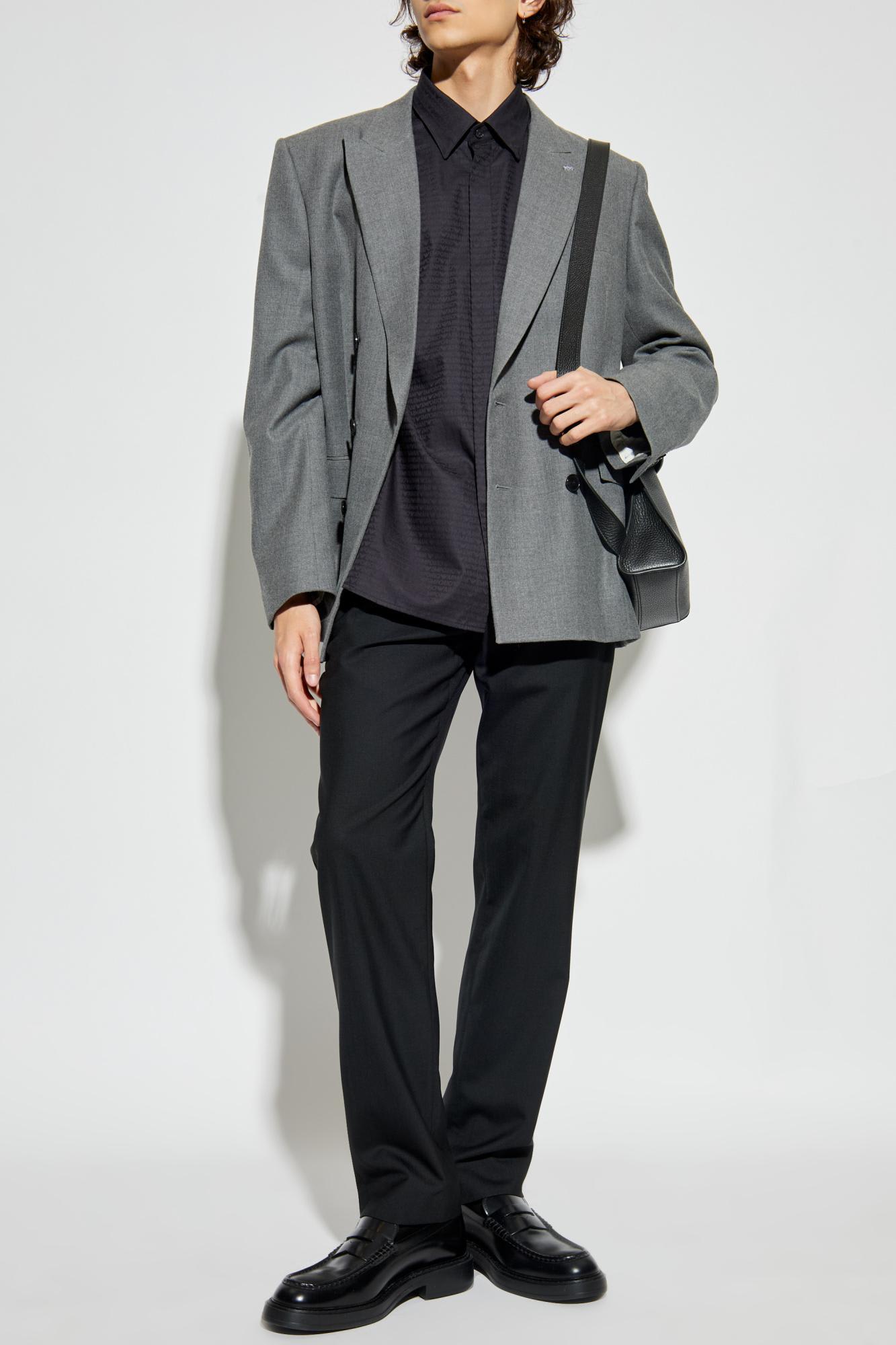 Emporio Armani Cotton Shirt With All-over Logo In Blue In Black
