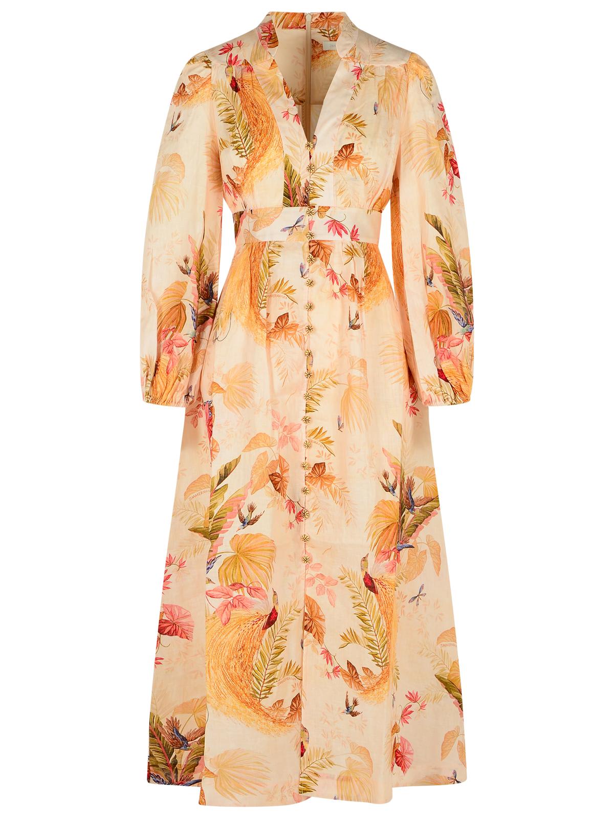 Zimmermann Plunge Low-cut Linen Dress In Cream Palm Floral Color In Gold