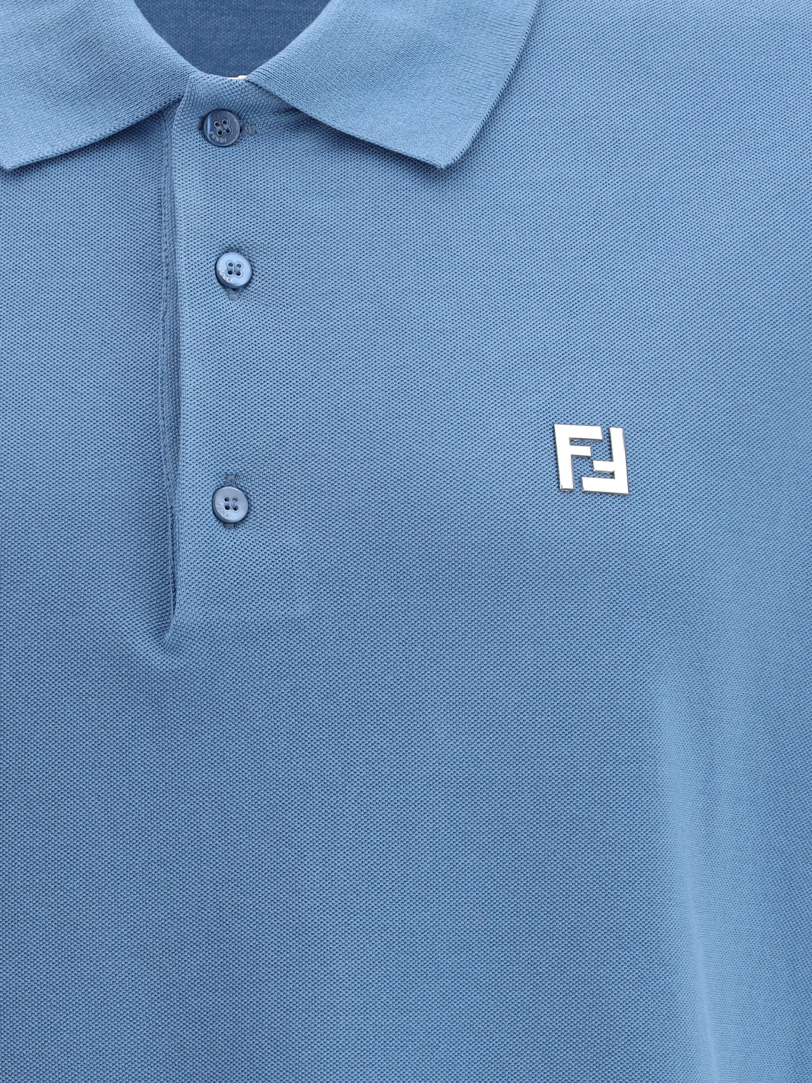 Fendi Piquet Polo Shirt With Collar And Short Sleeves In Blue