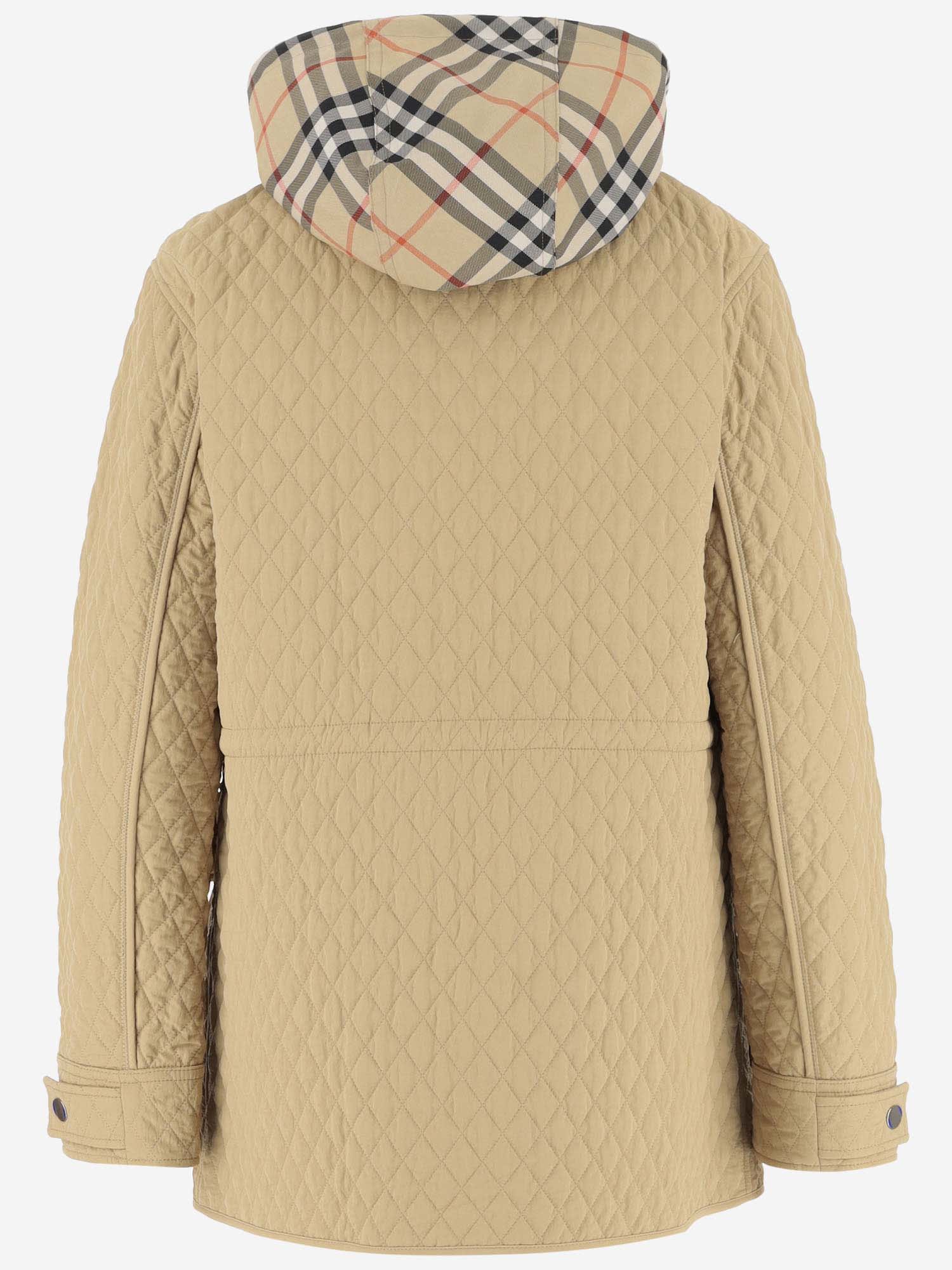 Burberry Padded Nylon Jacket With Hood And Pockets In Flax