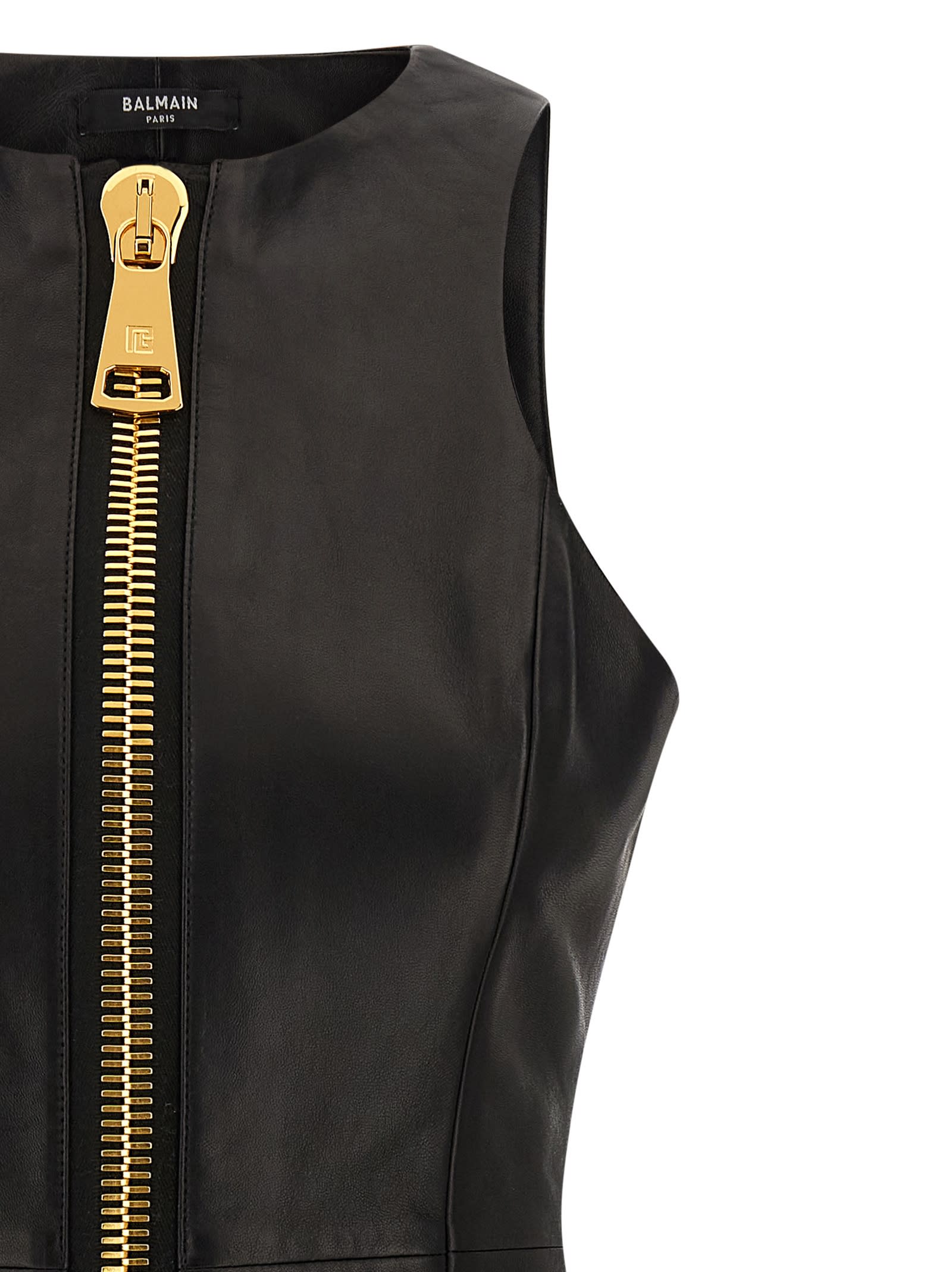 Balmain Maxi Zip Leather Dress In Black