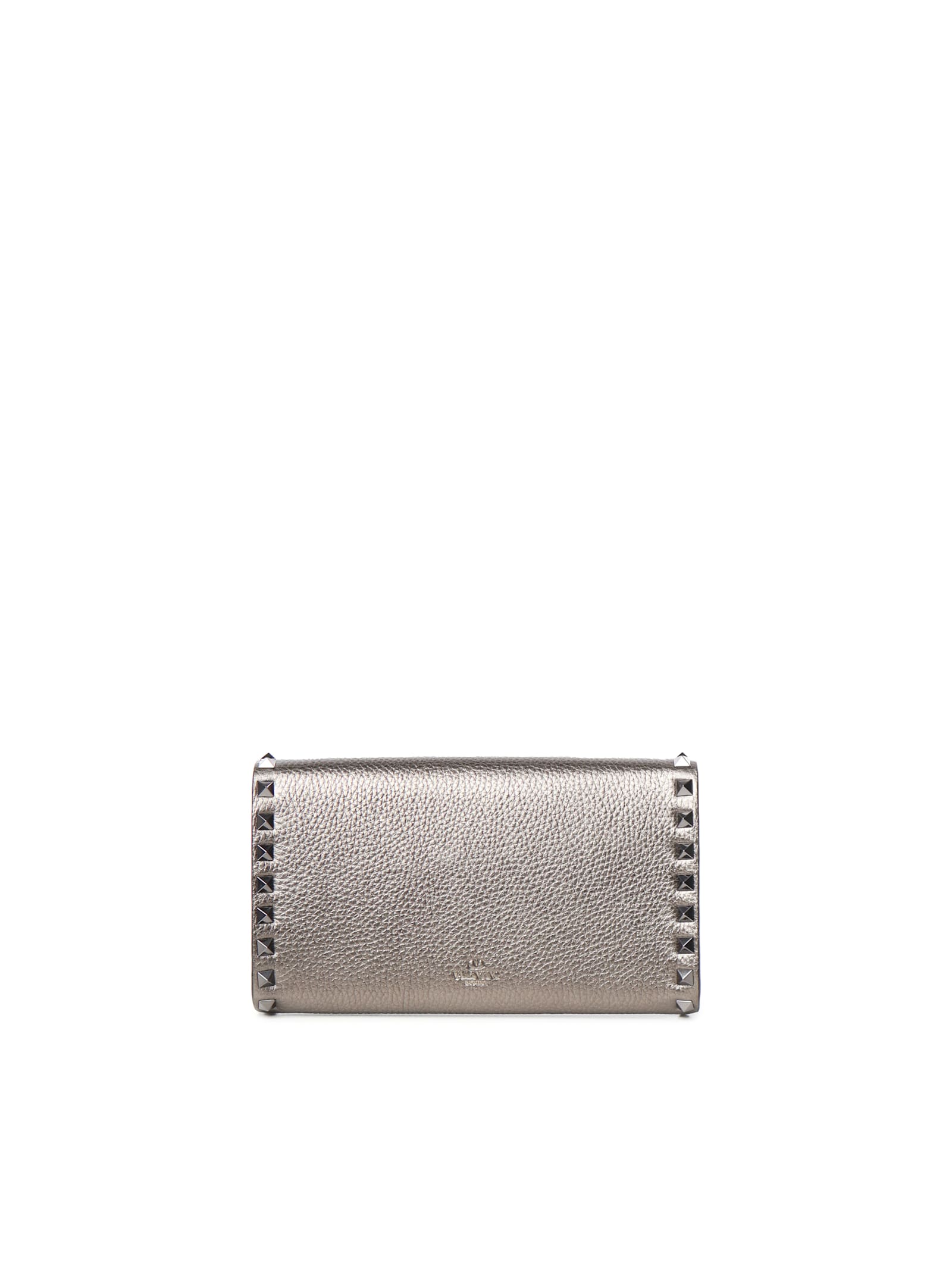 Valentino Rockstud Chain Wallets In Grained Leather In White