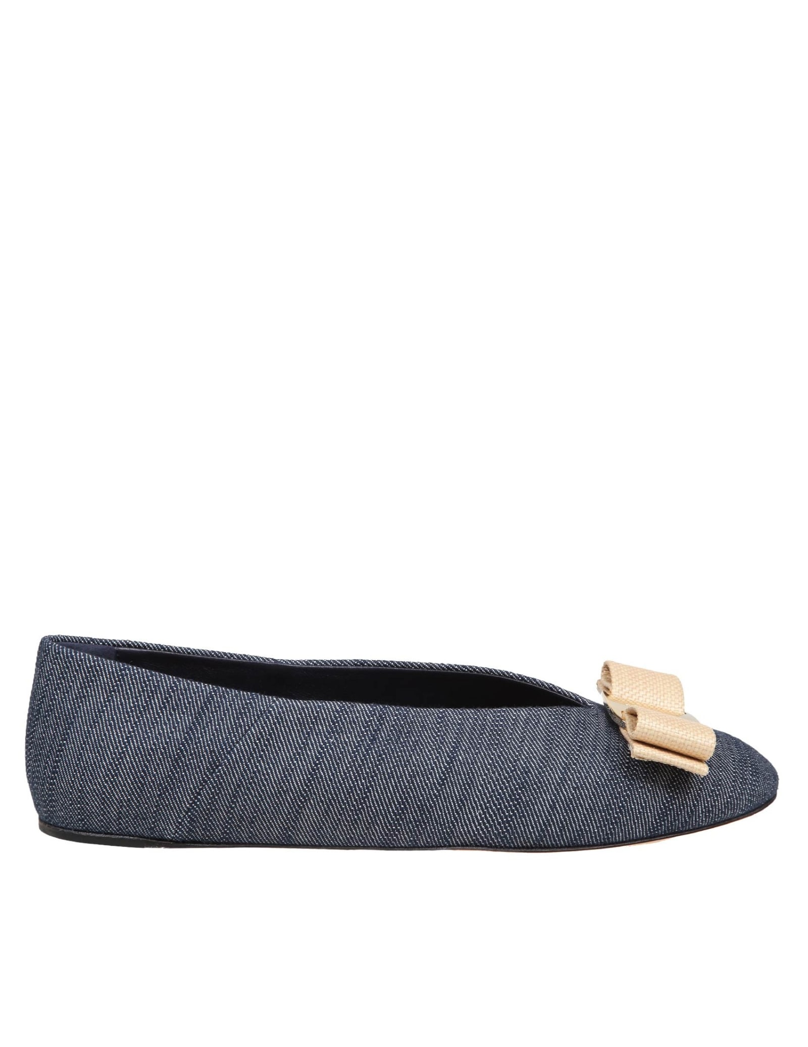 Shop Ferragamo Vanna Ballerina In Denim With Vara Bow