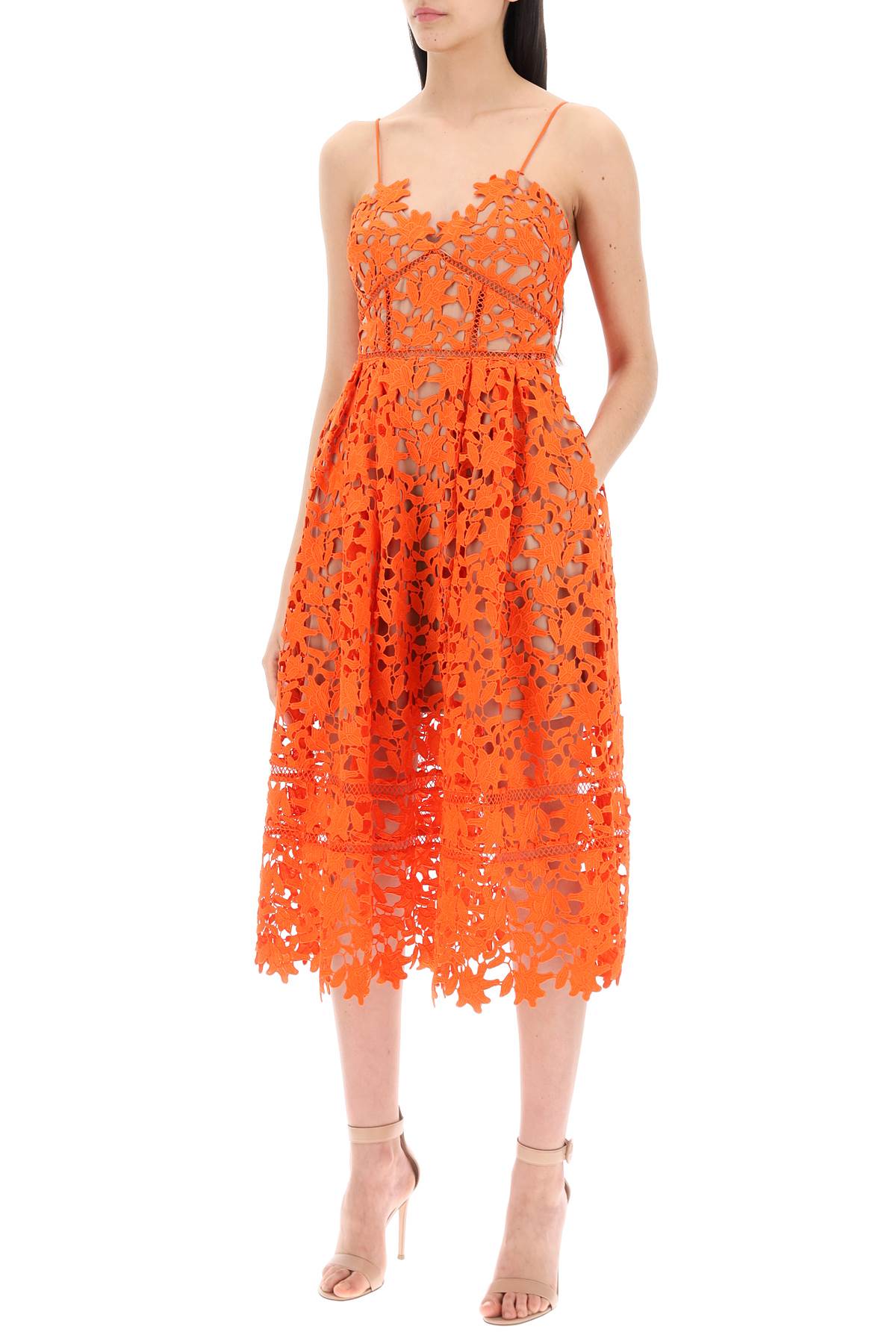 Shop Self-portrait Azaelea Floral Lace Midi Dress In Orange (orange)