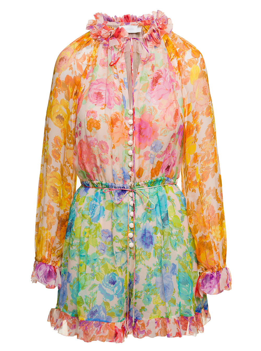 ZIMMERMANN RAIE MULTICOLOR LONG SLEEVED PLAYSUIT WITH ALL-OVER FLOREAL PRINT IN SILK WOMAN