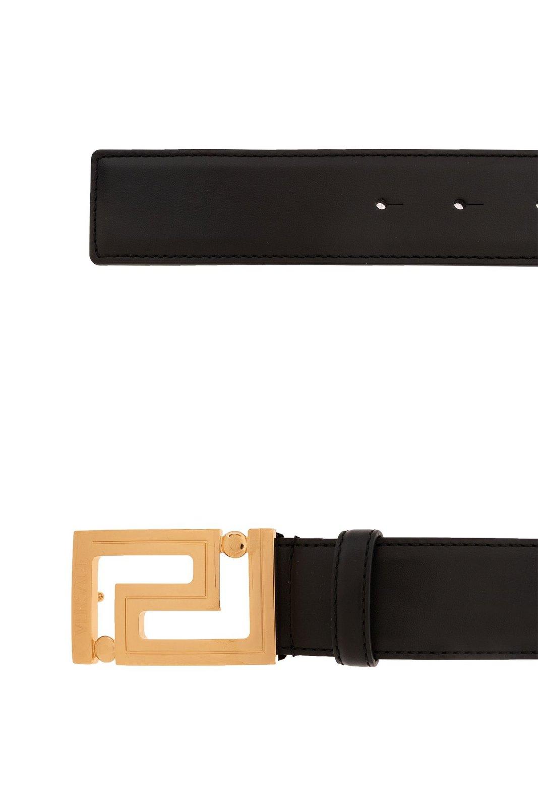 Shop Versace Greca Logo Engraved Belt In Blackgold