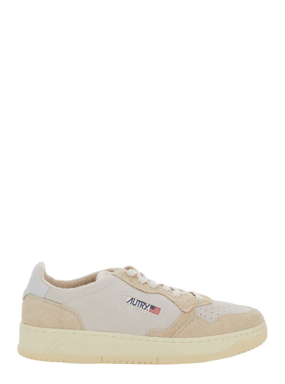 Shop Autry Medalist Low White Sneakers With Suede Inserts And Contrasting Heel Tab In Leather Man In Beige