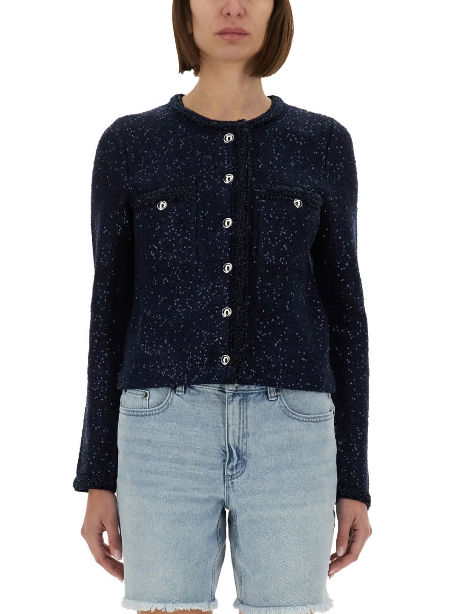 Michael Kors Sequined Knitted Cardigan In Blue