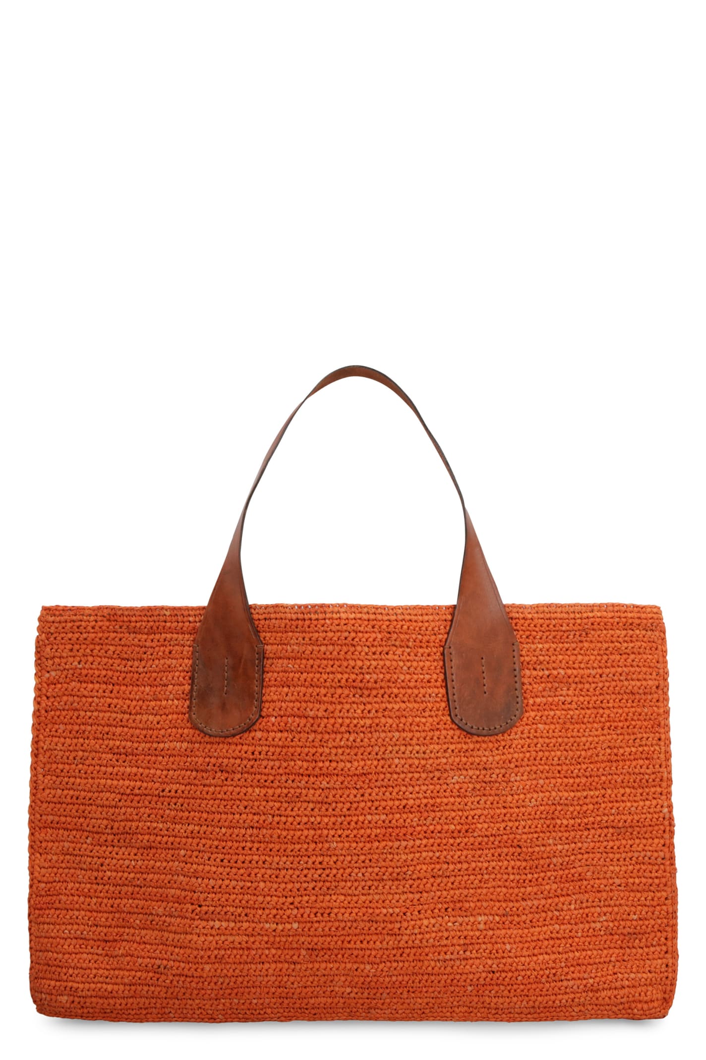 Straw Tote Bag in Raphia and Orange Leather
