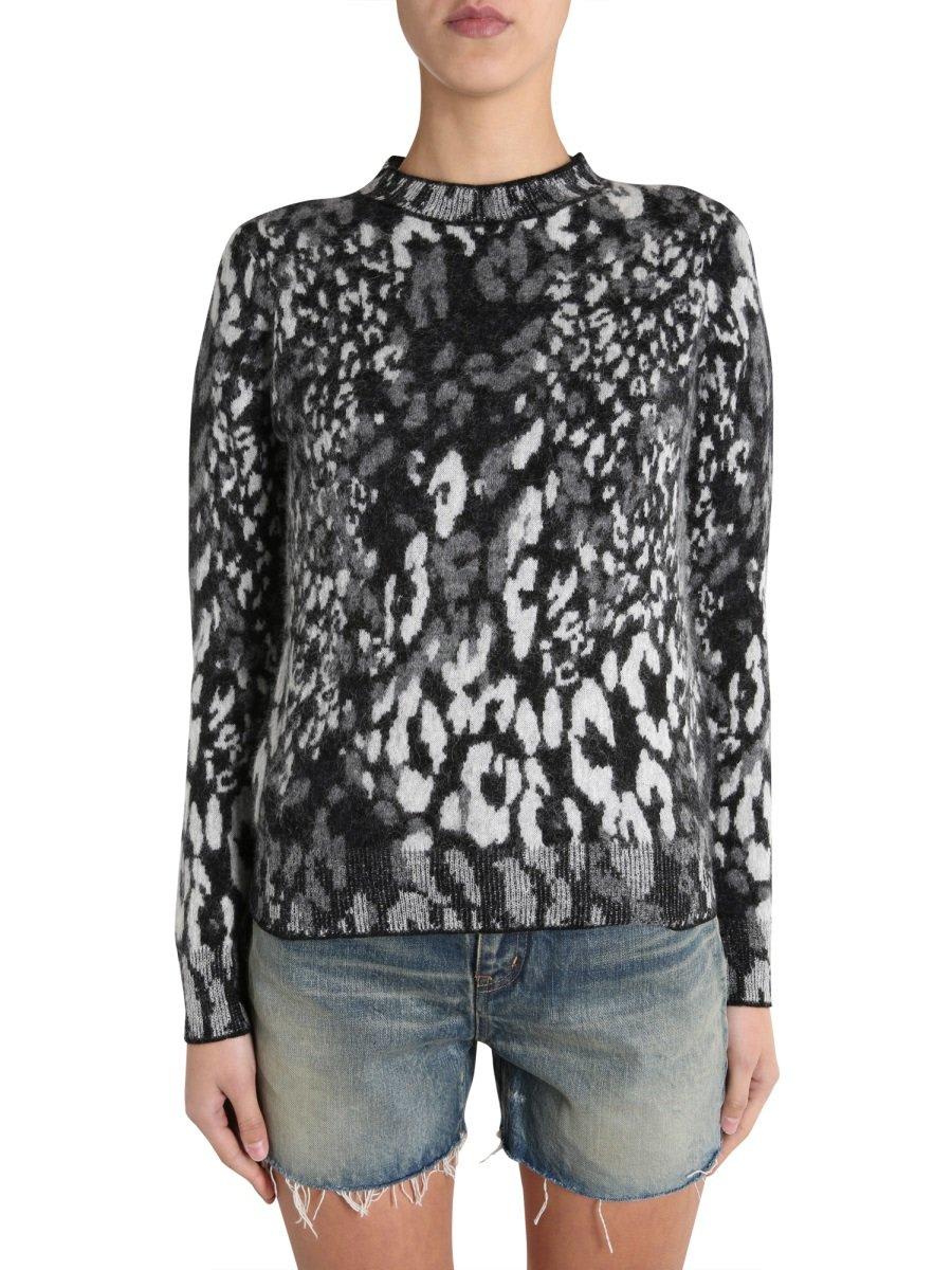 Shop Saint Laurent Leopard Intarsia Sweater In Black