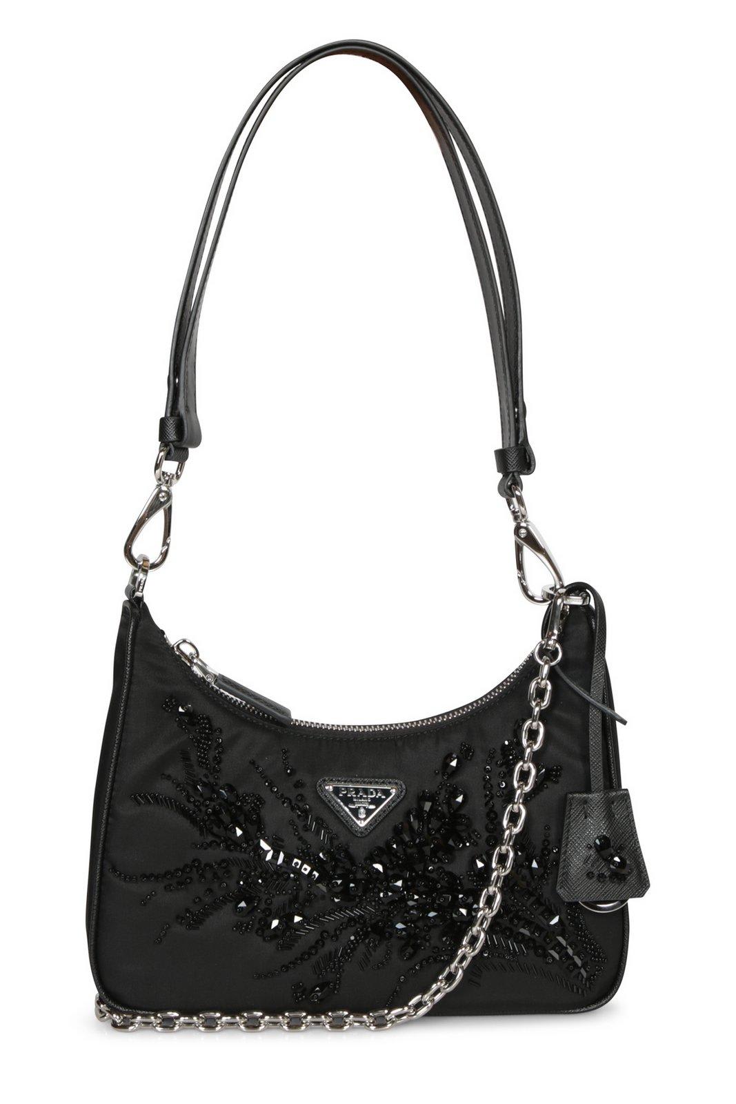 Prada Embellished Zipped Shoulder Bag In Black