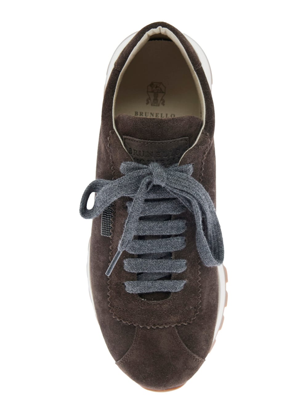 Brunello Cucinelli Brown Low Top Sneakers With Monil Detail On The Side And Embossed Logo Lettering On The Rear In Leat