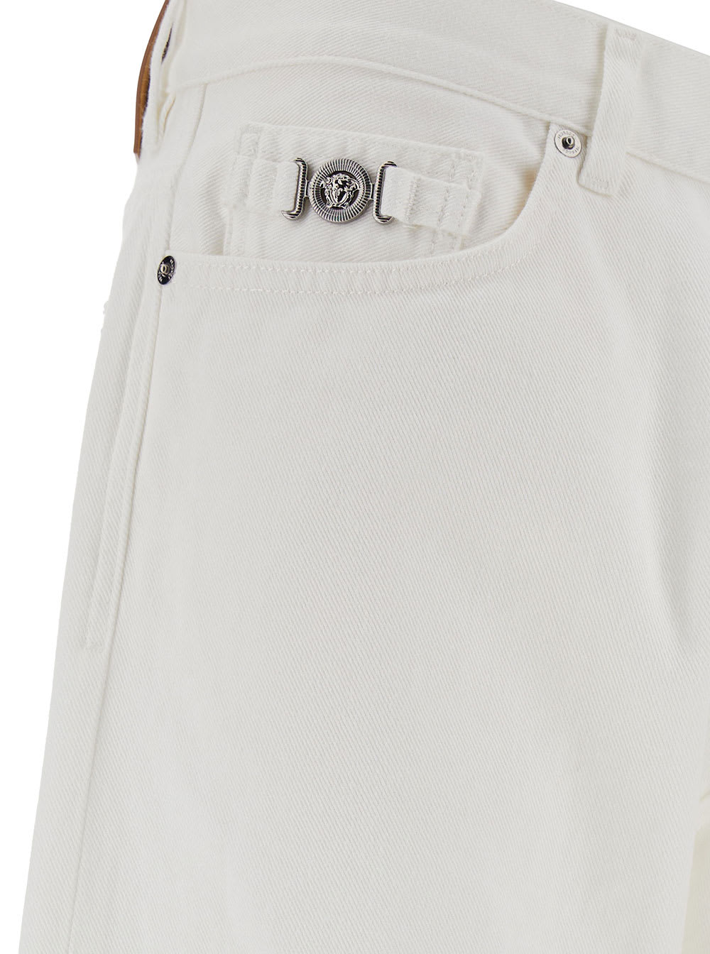 Shop Versace White Five-pocket Jeans With Logo Patch In Cotton Denim Man