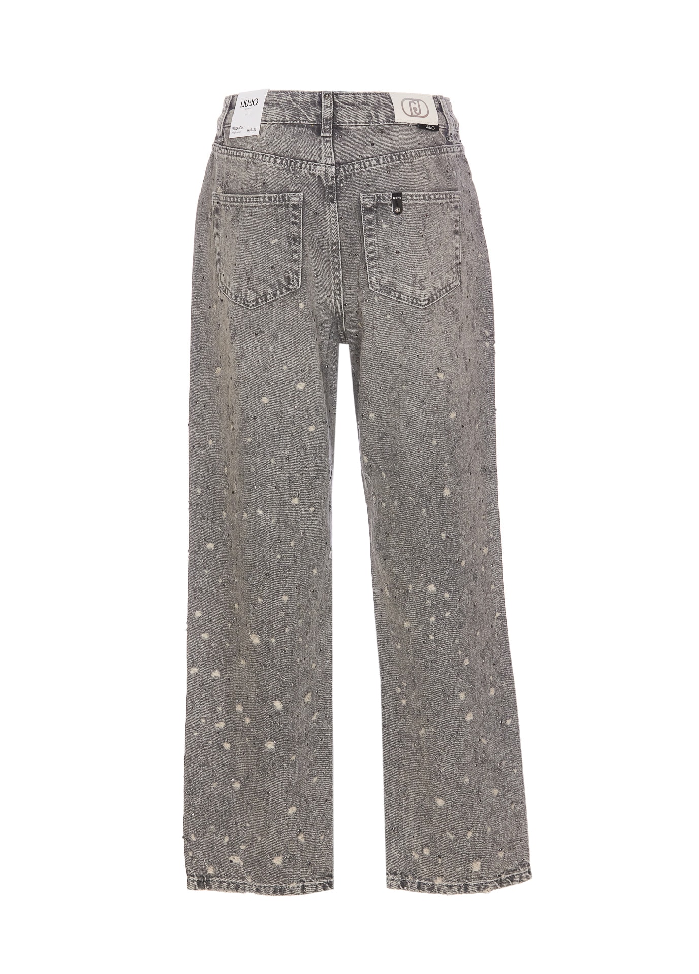 Shop Liu •jo Strass And Ripped Out Jeans In Grey