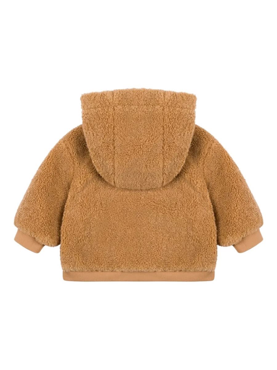 Moschino Brown Faux Fur Coat For Babykids With Teddy Bear In Brown