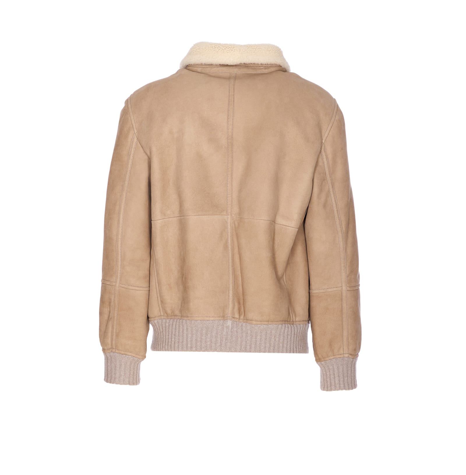 Brunello Cucinelli Bomber Jacket With Shearling Collar And Ribbed Finish In Neutral