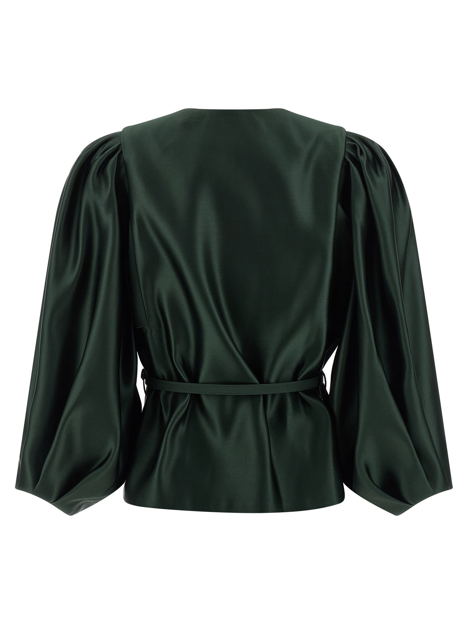 Fendi Satin Jacket With Balloon Sleeves And Belt In Green