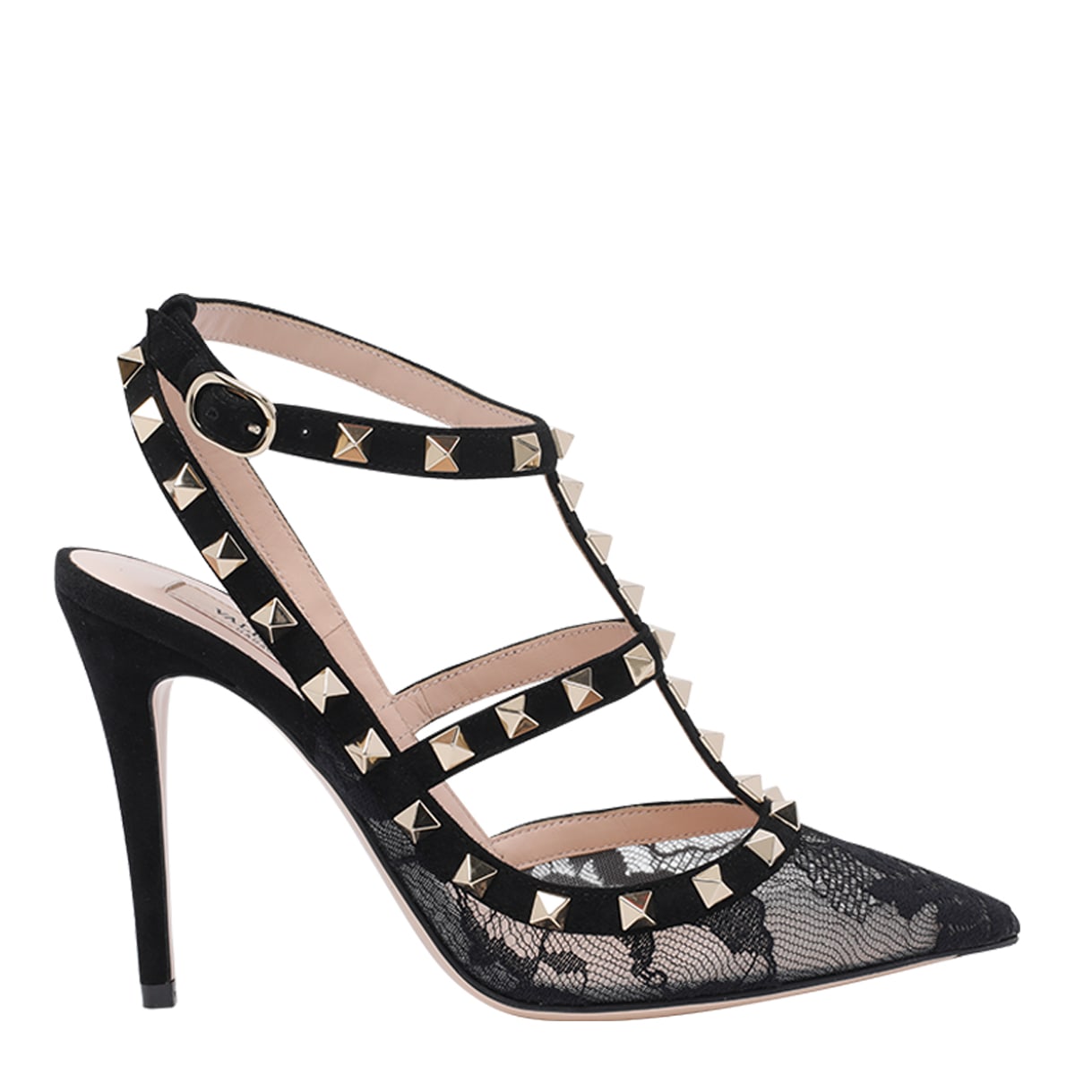 Valentino Rockstud 100 Lace And Suede Pumps In Black