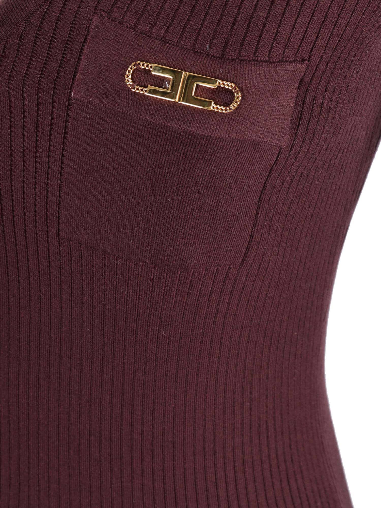 Elisabetta Franchi Burgundy Ribbed Sweater With Pocket In Brown