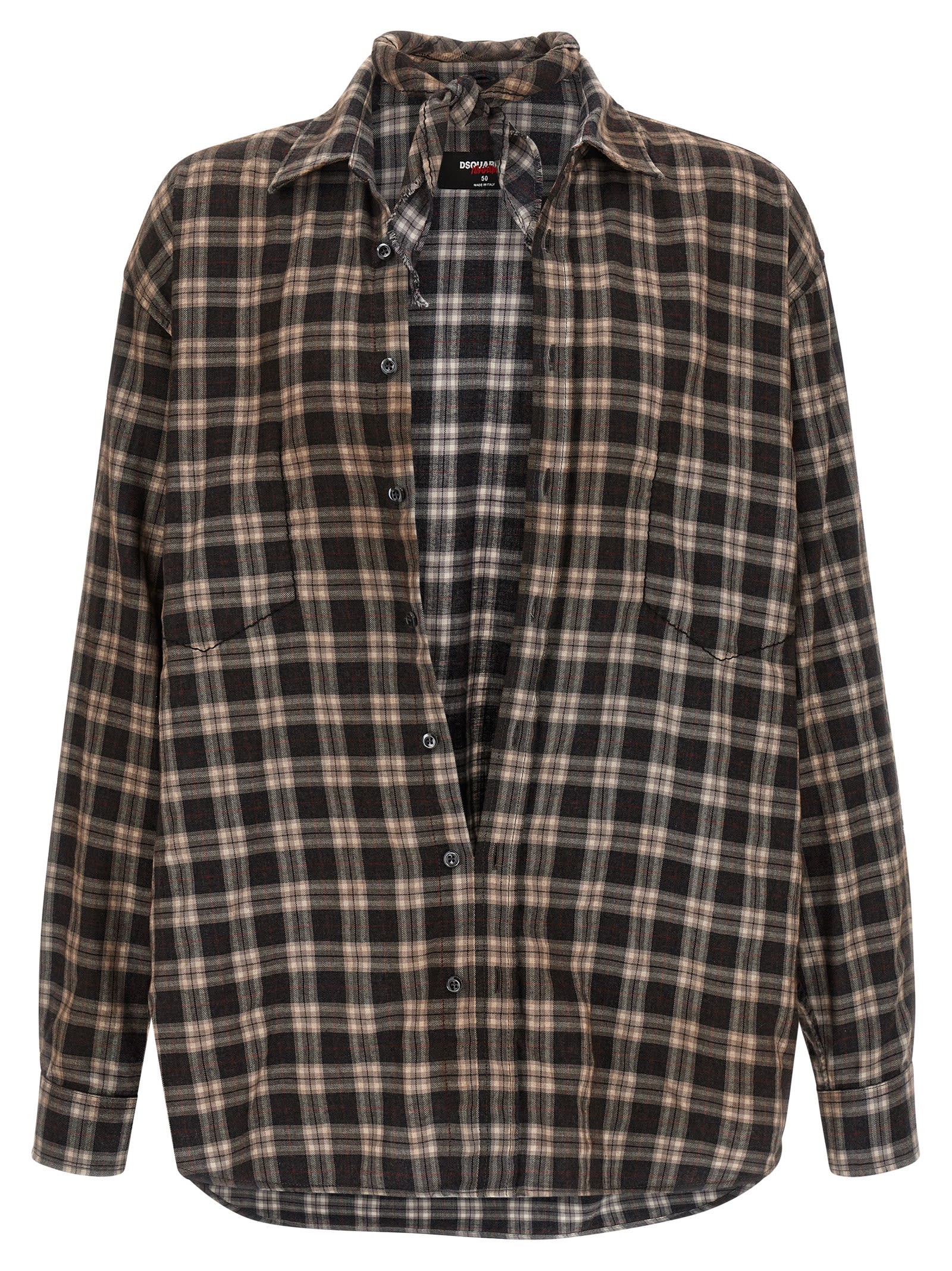 Dsquared2 D2 X Magliano Brown Shirt With Tie Detail On The Front And All-over Check Motif In Cotton Man In Brown