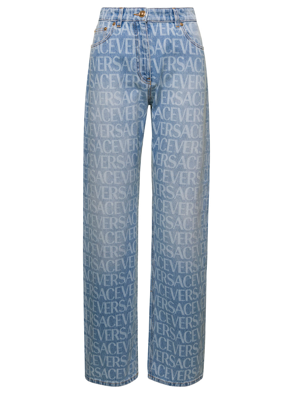 VERSACE LIGHT BLUE JEANS WITH ALL-OVER LOGO PRINT IN COTTON DENIM WOMAN