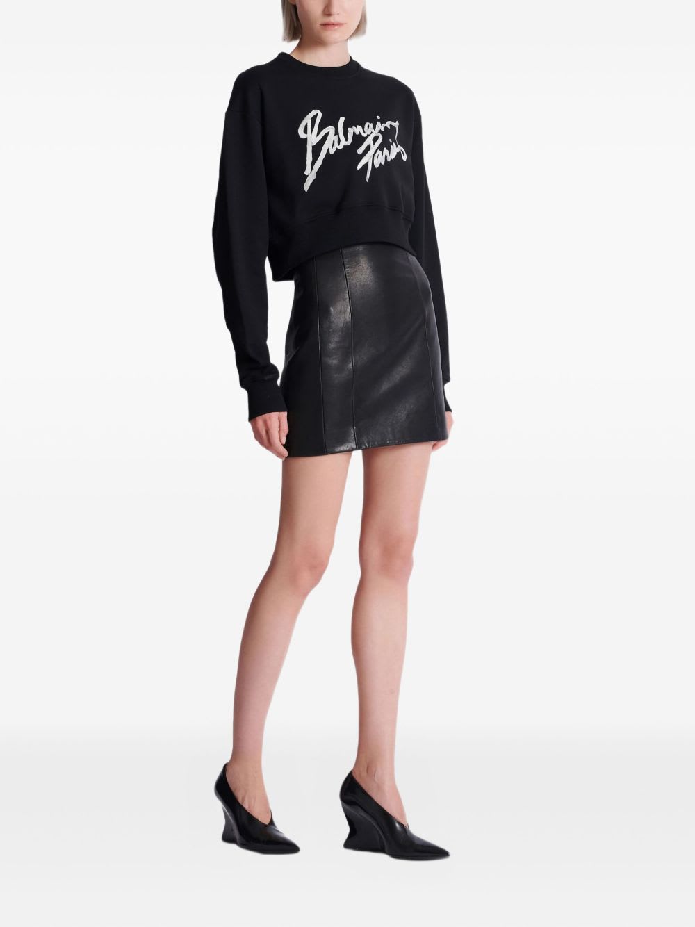 Balmain Cropped Printed Cotton Sweatshirt In Black