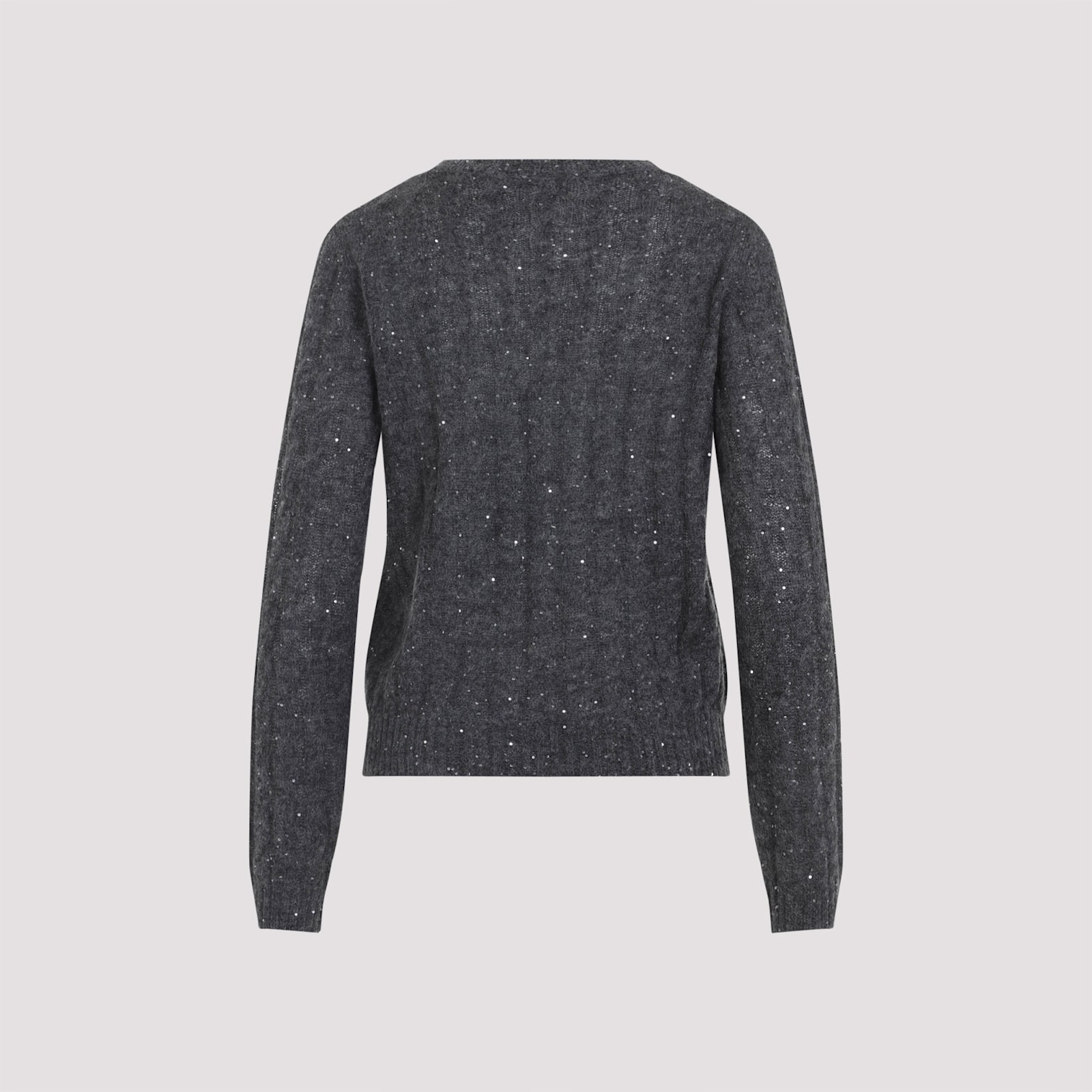 Brunello Cucinelli Textured Ribbed V-neck Sweater With Sparkling Details In Gray