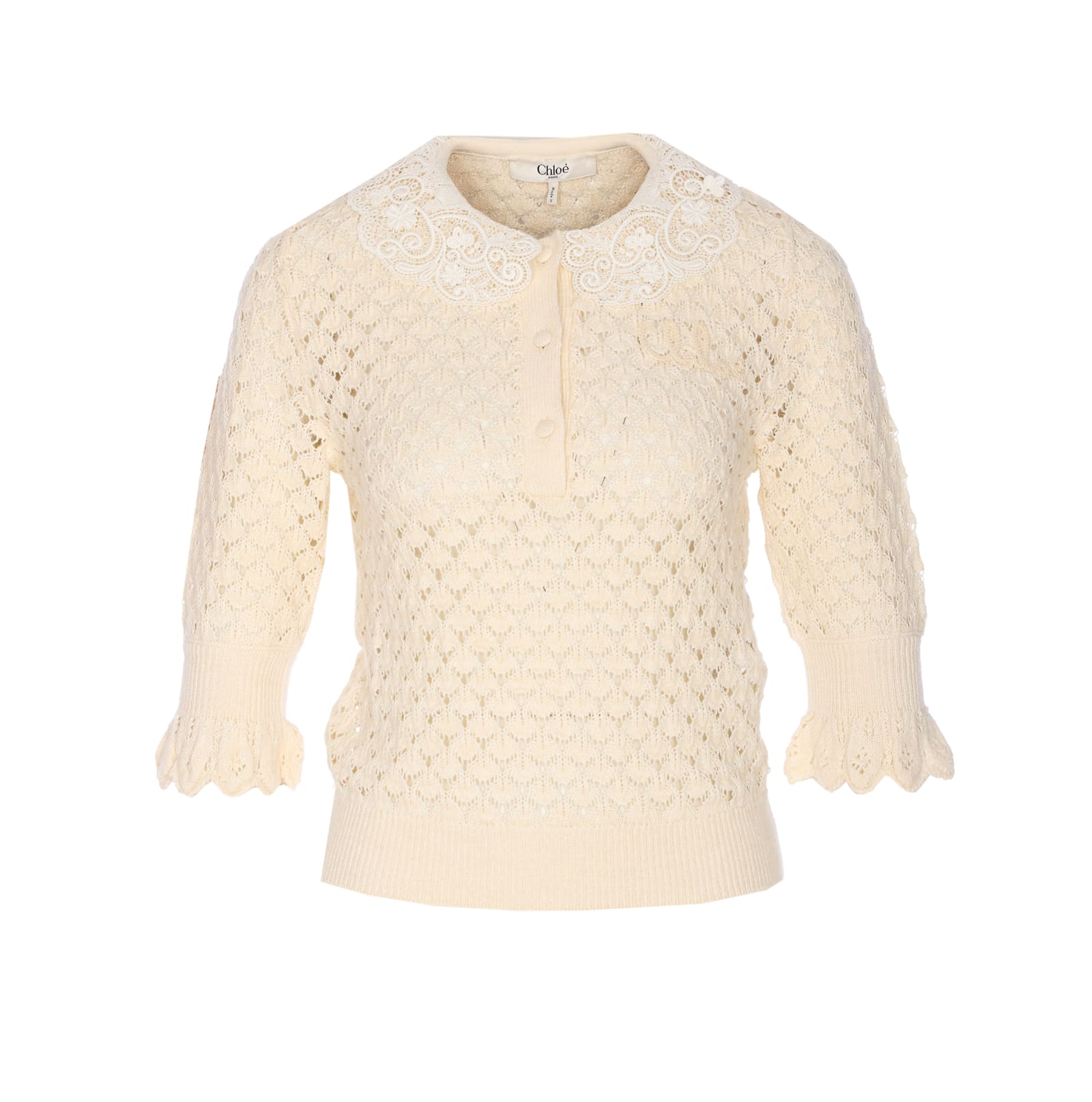 Chloé Textured Knit Crewneck Lace Collar In Neutral