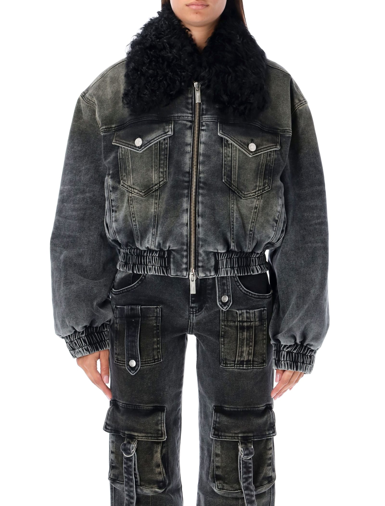 Blumarine Black Jacket With Faux Fur Collar And Logo Embroidery In Stretch Cotton Denim Woman In Dark Shadow