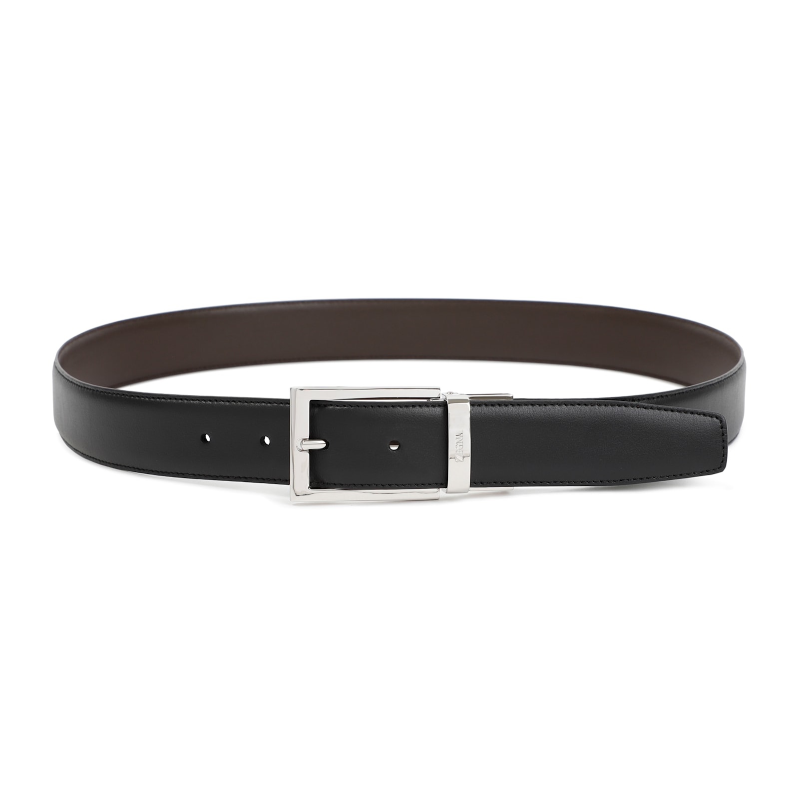 Zegna Reversible Leather Belt With Hand-buffed Finish And Sleek Silver-tone Buckle In Brown