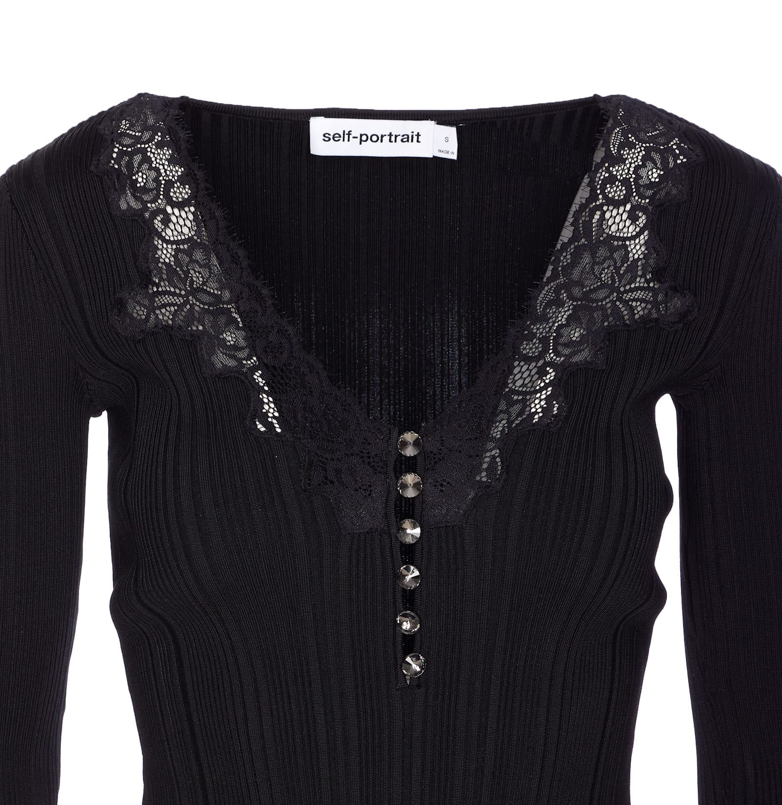 Self-portrait Black Lace Trim Knit Top Tops Black In Black