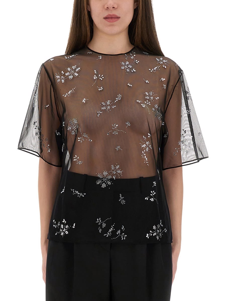 Rabanne Sheer Floral Embellished Short Sleeve Top In Black
