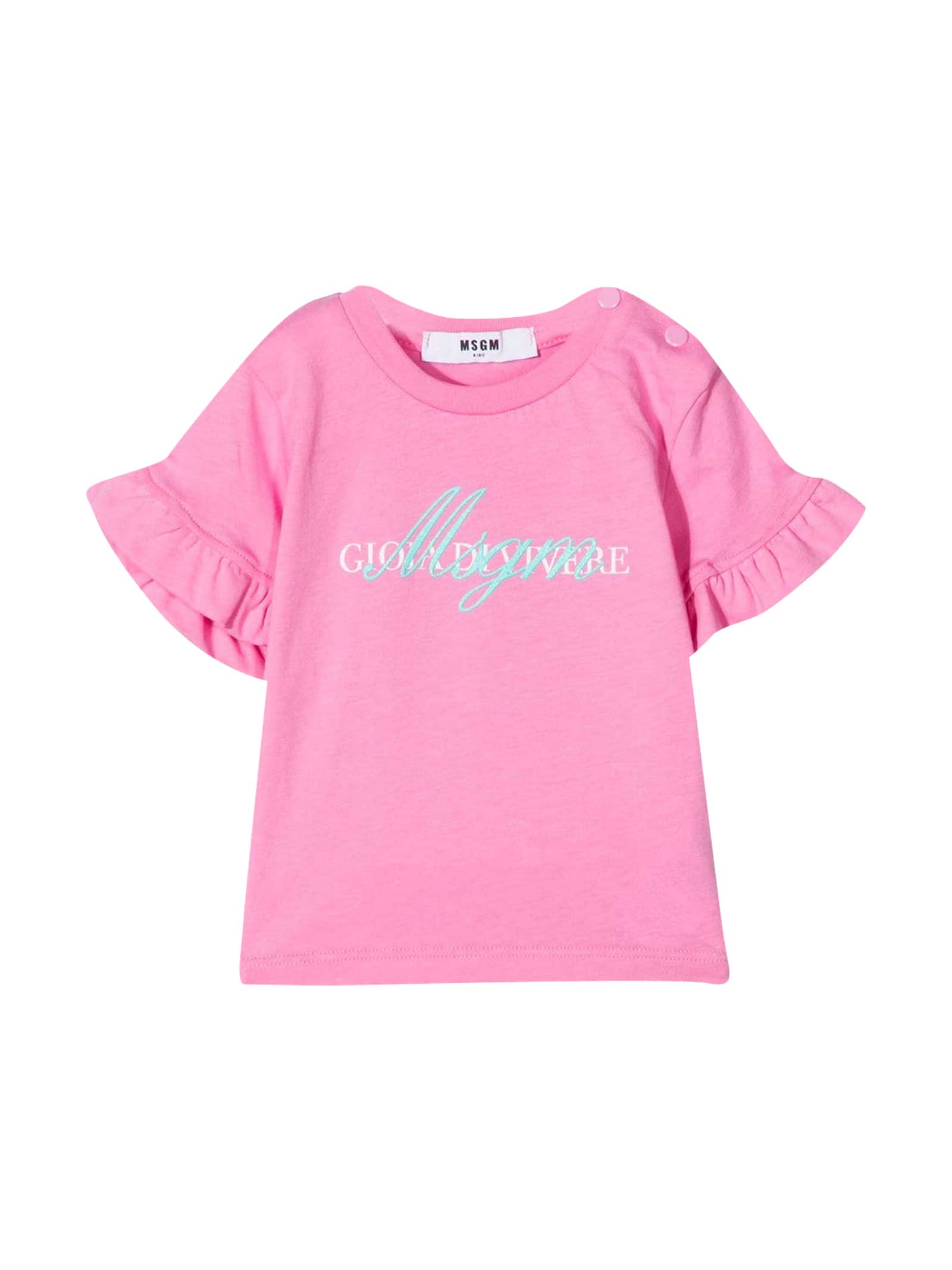 MSGM Pink T-shirt With White Press And Sleeves With Flounces