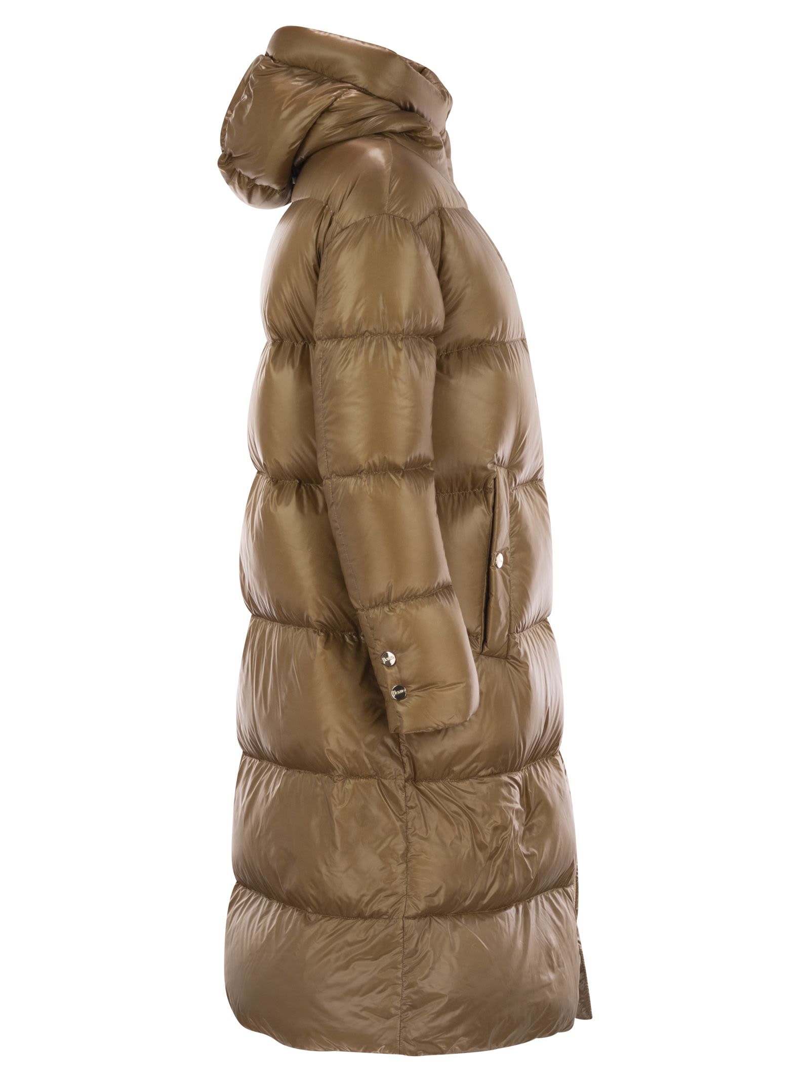 Shop Herno Long Down Jacket With Hood In Camel